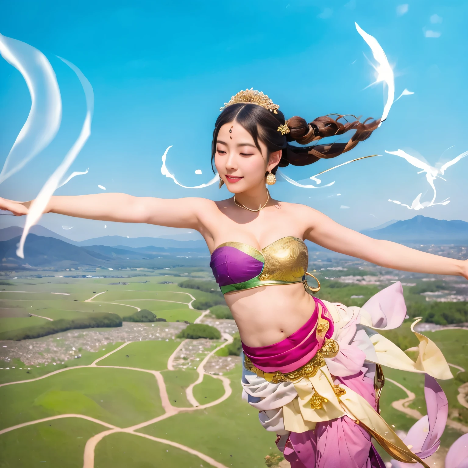 Goddess, ((wearing hagoromo)), flying, acrobatic dance in the air, Mr.々pose, There is haze in the sky, A bewitching light can be seen here and there