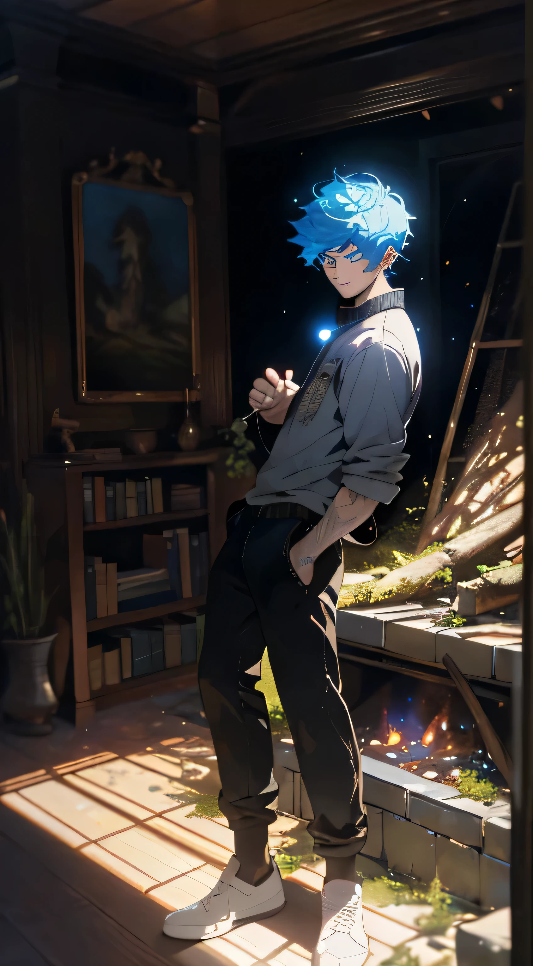 Best quality masterpiece, ultra-high resolution image of an eighteen-year-old boy, standing in front of a fireplace with a pile of moss in the kitchen corner. His blue eyes gleam with curiosity as he observes the crackling firewood. His blue hair, shaggy and untamed, frames his perfect, three-dimensional facial features. The exquisite details of his face are illuminated by the warm, surrealistic light, casting dramatic shadows that accentuate his strong jawline and chiseled cheekbones. The image captures the young man's youthful energy and vitality, making it a top-quality, award-winning work. The ultrahigh resolution reveals every