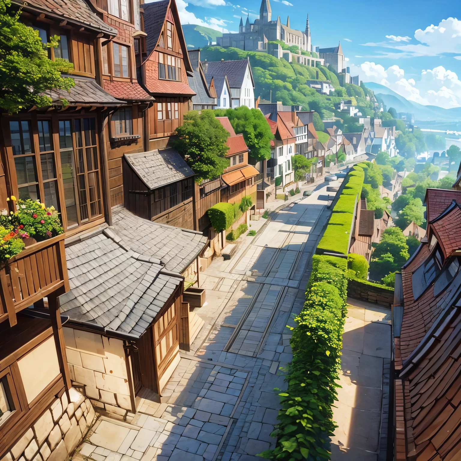 A medieval city where buildings are made of stone and wood, with slate roofs. The streets are narrow and winding, with hidden alleys and busy squares.