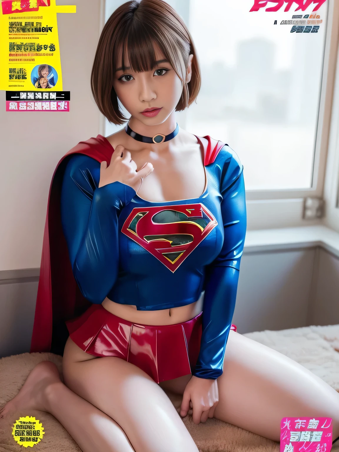 masterpiece、supergirl costume、short hair、barefoot、big and full breasts、human experiment subjects、Research room、operating table、Crisis situation、spread your legs wide、choker、shiny、looking at camera、Seduce、choker、long sleeve、red mini skirt、Weekly magazine cover、model body shape、realistic、beauty、