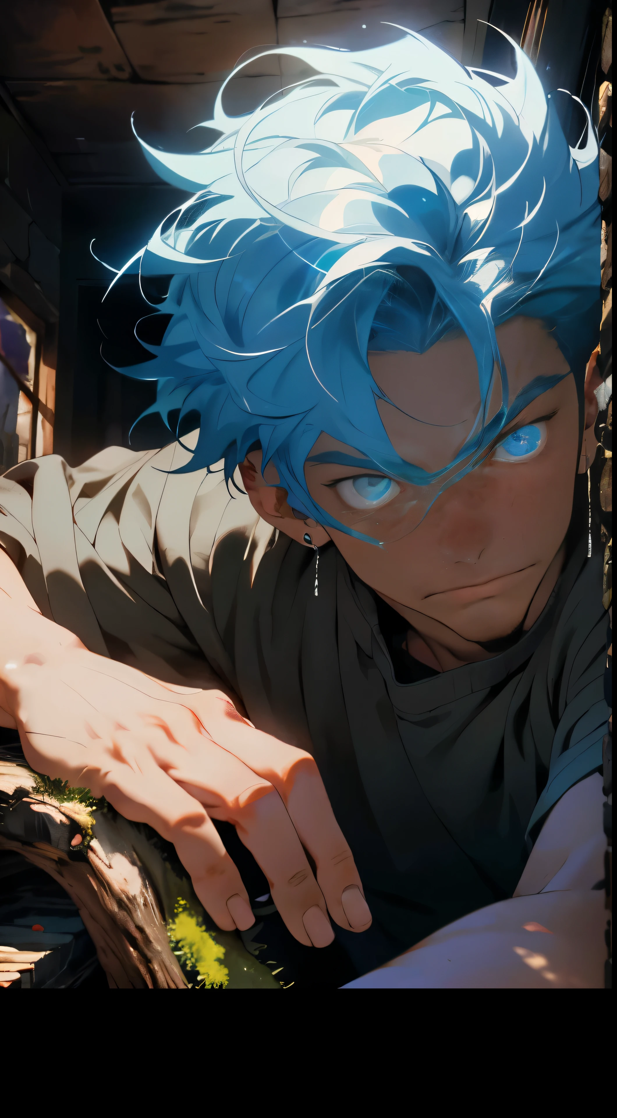 Best quality masterpiece, ultra-high resolution image of an eighteen-year-old boy, standing in front of a fireplace with a pile of moss in the kitchen corner. His blue eyes gleam with curiosity as he observes the crackling firewood. His blue hair, shaggy and untamed, frames his perfect, three-dimensional facial features. The exquisite details of his face are illuminated by the warm, surrealistic light, casting dramatic shadows that accentuate his strong jawline and chiseled cheekbones. The image captures the young man's youthful energy and vitality, making it a top-quality, award-winning work. The ultrahigh resolution reveals every