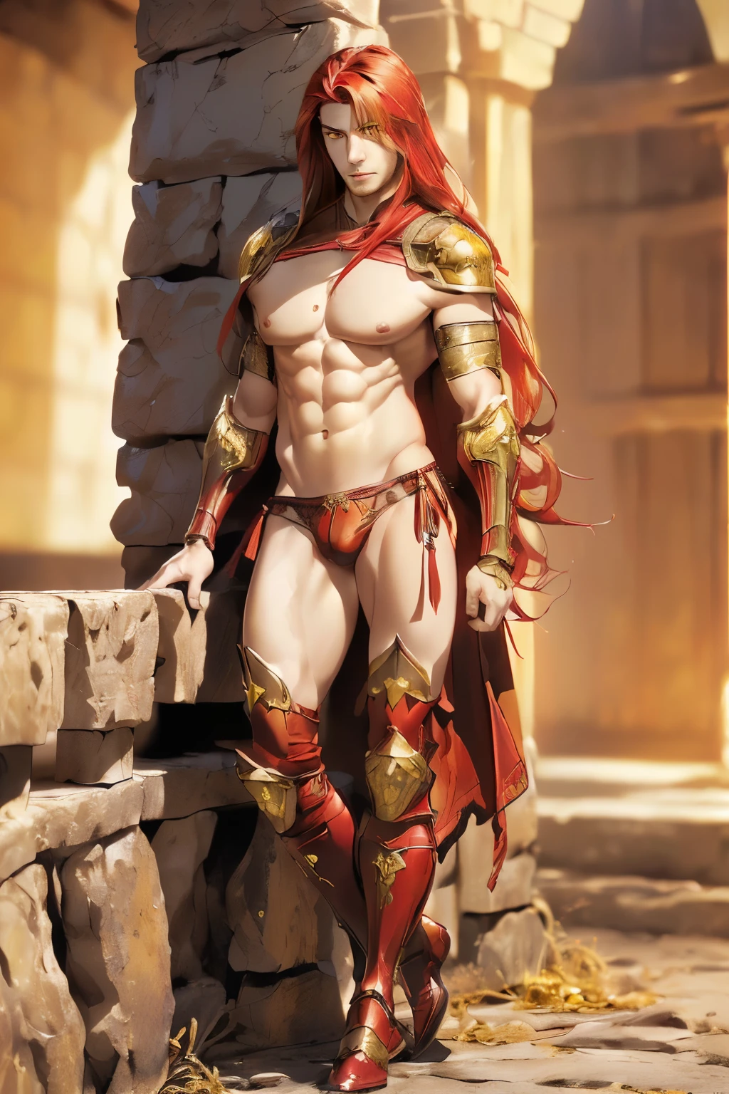 1 Man, handsome, seductive smile, long hair, Genshin, medieval armor, red hair, Young male, (((male focuale panties, nsfw, armor, medieval background, large breast, firm anatomy, sexy pose, sexy Man, Boots, yellow eyes, abs, sensual, 1 boy, detailed
