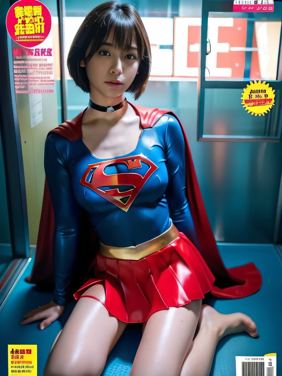 masterpiece、supergirl costume、short hair、barefoot、big and full breasts、human experiment subjects、Research room、operating table、Crisis situation、spread your legs wide、choker、shiny、looking at camera、Seduce、choker、long sleeve、red mini skirt、Weekly magazine cover、Athlete body type、realistic、beauty、