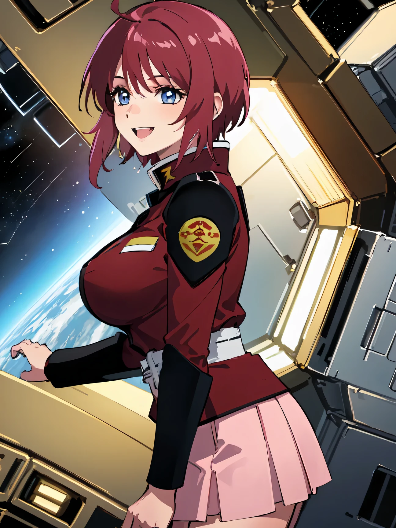 ((masterpiece)), ((highest quality)), ((Super detailed)), 8k, 16k, detailed beautiful face, exquisite beautiful eyes, sl1, 1 girl, short hair, redhead, stupid hair, long sleeve, uniform, pink skirt, big breasts, big smile, in front of my hand, inside the spaceship, Side view