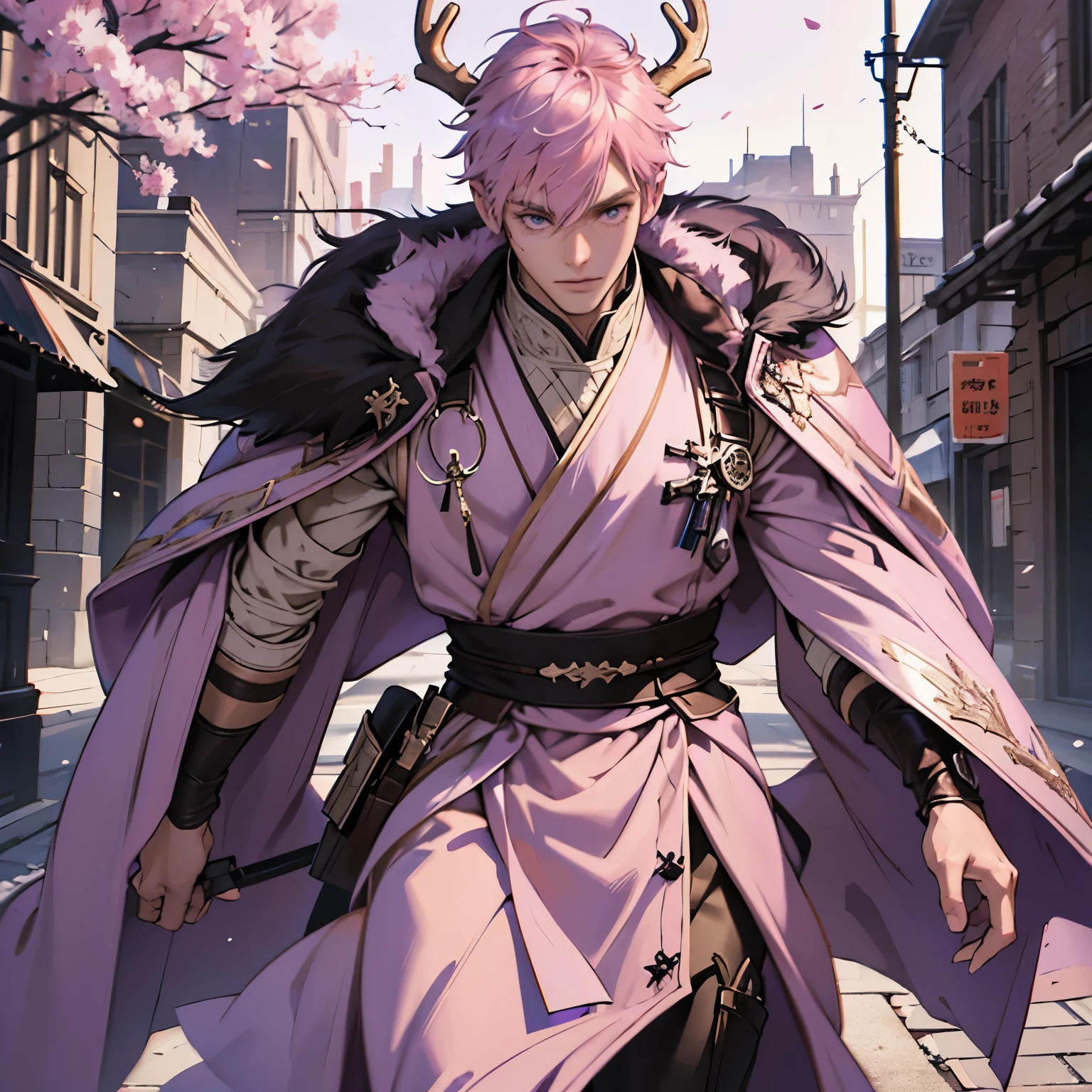Young Male, Jedi, Purple Cloak, Fur Hood, Deer Antlers, Pink Hair, Short Hair, Purple Eyes, Plate Armor, Handsome, Confident Expression, Fantasy, Cinematic, Background, 4K, HDR, 3D, HD, RTX, Very Detailed, Masterpiece