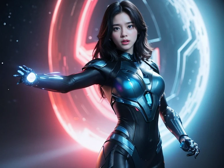 (RAW photo, highest quality), (realistic, Photoreal:1.3), 1 girl、realisticbody、goddess of the universe、battle dress、Holding a tin cane、emit a beam、spaceship、action pose、Blue flash