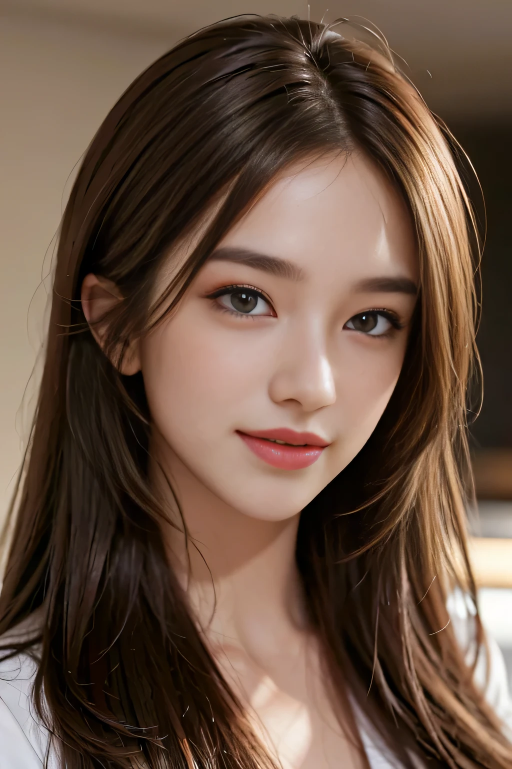 table top, highest quality, realistic, Super detailed, finely, High resolution, 8k wallpaper, 1 beautiful woman,, light brown messy hair, wearing a business suit, sharp focus, perfect dynamic composition, beautiful and detailed eyes, thin hair, Detailed realistic skin texture, smile, close-up portrait, model body shape