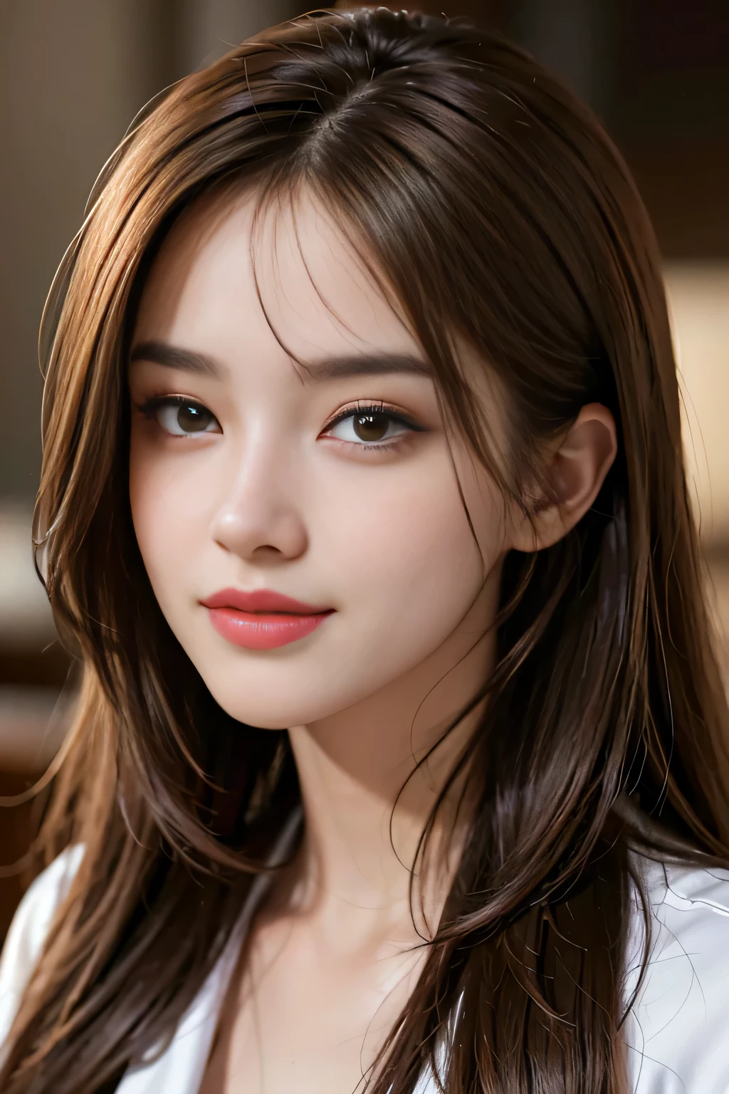 table top, highest quality, realistic, Super detailed, finely, High resolution, 8k wallpaper, 1 beautiful woman,, light brown messy hair, wearing a business suit, sharp focus, perfect dynamic composition, beautiful and detailed eyes, thin hair, Detailed realistic skin texture, smile, close-up portrait, model body shape