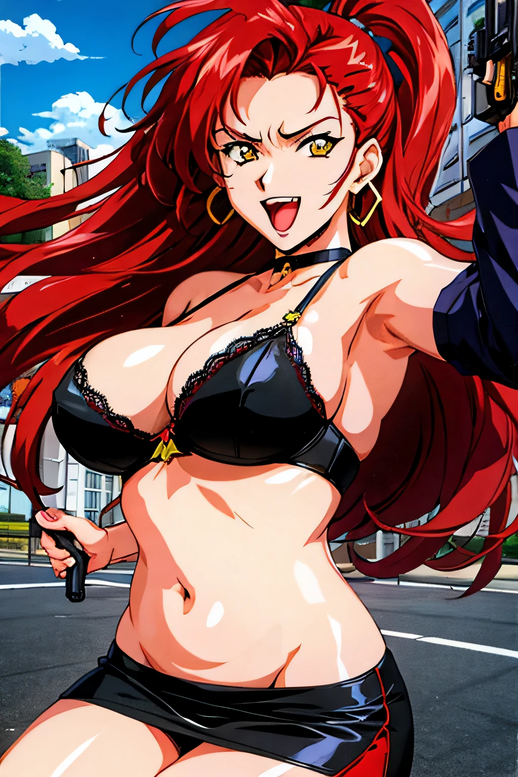 1990s,(style), (cel anime:1.1), official art, perfect lighting,Colorful,,perfect anatomy,black long hair, red hair, yellow eyes, hidero horibe, choker, jewelry, earrings, (shiny skin), large breasts, forehead, masterpiece, best quality, highly detailed, a girls with a gun, open mouth, blazer, sexy gaze, (nsfw) not
safe for work, badass pose , evil smile, smile, black bra, anime girl with long hair, long haired girl,
navel, evil expression, exposed belly, exposed navel, exposed midriff, exposed lower belly, micro
miniskirt, micro pencil skirt, pencil skirt ,holding a gun, outdoor,street,road