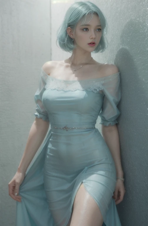 Light blue dress를 입고 보도를 걷고 있는 여자, light Green dress, wearing in a summer dress, simple dress, summer dress, woman in dress, Green dress, puff sleeves, Stylish dresses, Girl in a dress, Light blue dress, Young woman in a dress, Light blue dress 초상화, wearing a flowing dress, sea - green and white clothes