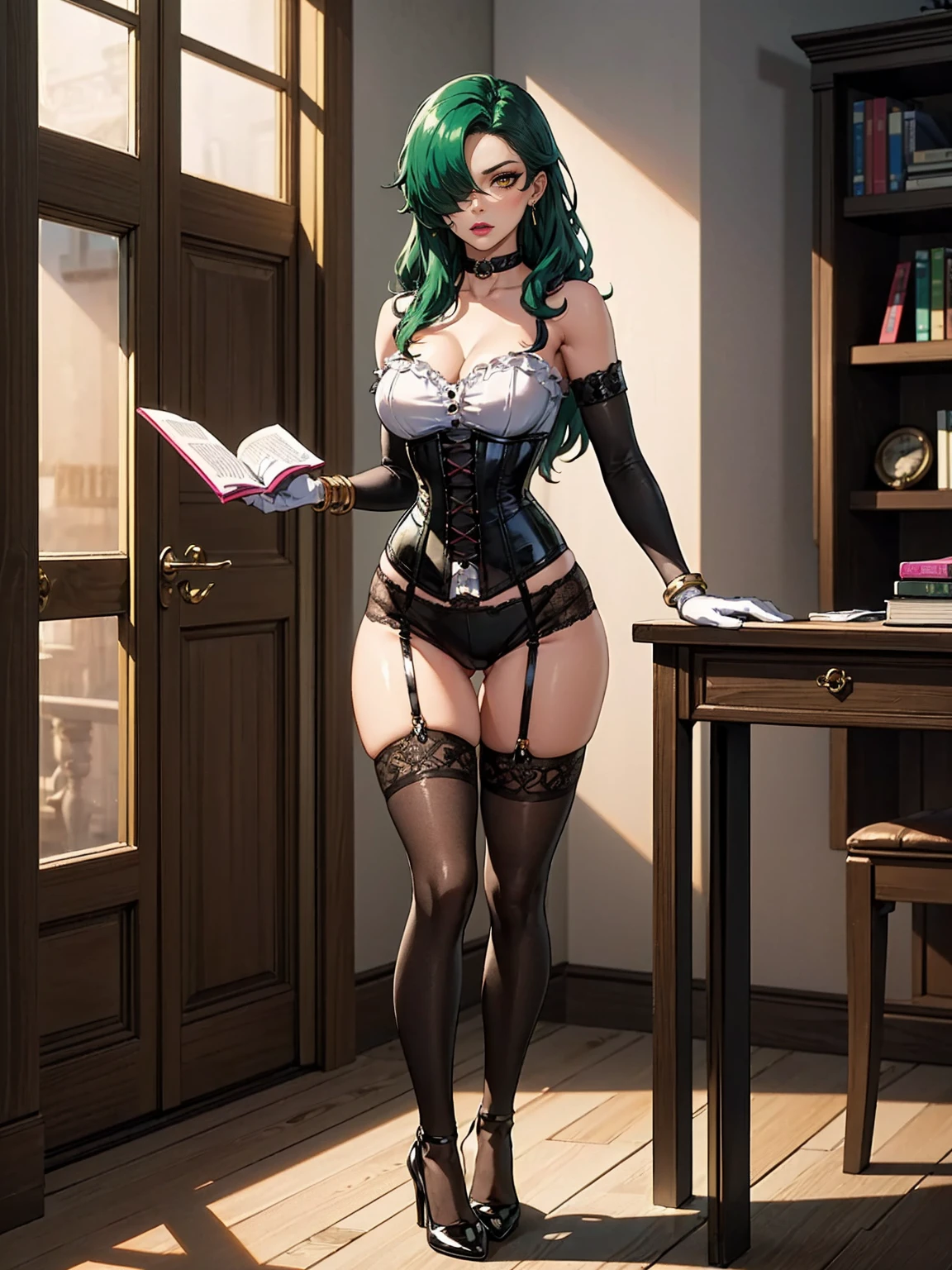 ((1girl, solo ,alone, long hair, green hair, yellow eyes, hair covering one eye, woman , dynamic pose, muscular female, gold bracelets, ruby earrings)),((solo, (1woman, pink lipstick), Extremely detailed, ambient soft lighting, 4k, perfect eyes, a perfect face, perfect lighting, a 1girl)), austere, ((1girl, solo, masterpiece, best quality, high res, highly detailed, (illustration), beatiful detailed eyes, glossy lips, light makeup, corset, collarbone, thigh highs, high heels, standing, black elbow gloves)), documents, books, table, shelves, pencil holder, computer