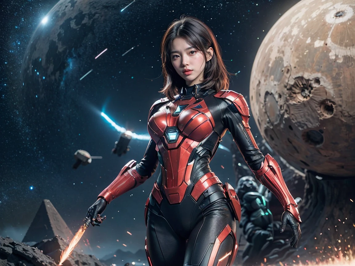 (RAW photo, highest quality), (realistic, Photoreal:1.3), 1 girl、realisticbody、Battle suit with frill motif、Pyramid-shaped UFO flying from space、avoid missiles、action pose