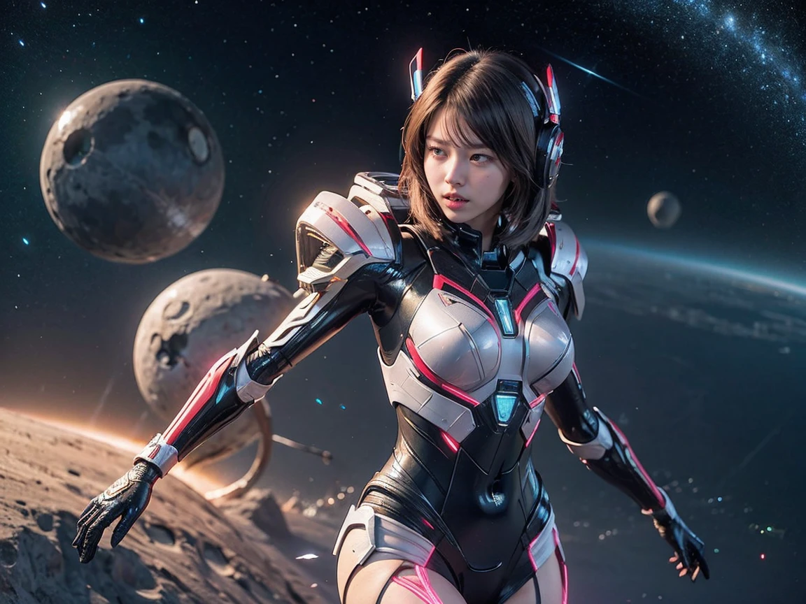 (RAW photo, highest quality), (realistic, Photoreal:1.3), 1 girl、realisticbody、Battle suit with frill motif、Pyramid-shaped UFO flying from space、avoid missiles、action pose