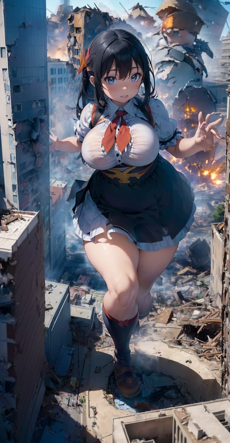 (((dark hero))),White idol frilly ribbon maid outfit、Bigger Girl Bill、background blur、Gulliver&#39;trip、alice in wonderland、city of rubble、((((super huge breasts))))、、、big breasts、big breasts、big breasts、((((plump thighs))))、plump thighs、Building fires、Giant girl sitting on the roof of a skyscraper、cigarette、((((Building explosion))))、reach out your hand、Ruins at the end of the century、((((Open your legs to show your panties)))),進撃の巨人のThe giant girl who moves the earth、((Ultraman)）、(((Giant of Light))),The giant girl who moves the earth、足元のcity of rubble、A building with rubble piled up underfoot、flying debris、loafers、low angle camera、high school girl、((((fighting pose))))、((((A big explosion at my feet))))、8ｋ、High image quality High image quality、nipple、sheer shirt、A dwarven tank at my feet、((((Destroy a broken dwarf building with your feet)))),(((A group of dwarfs running away)))、Confront an army of dwarves