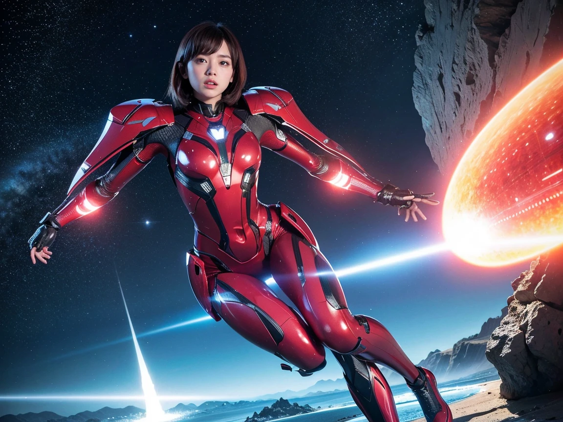 (RAW photo, highest quality), (realistic, Photoreal:1.3), 1 girl、realisticbody、Strawberry pattern battle suit costume、Pyramid-shaped UFO flying from space、avoid missiles、action pose