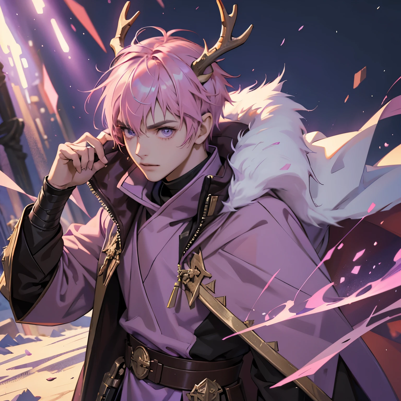 Young Male, Jedi, Purple Cloak, Fur Hood, Deer Antlers, Pink Hair, Short Hair, Purple Eyes, Plate Armor, Handsome, Confident Expression, Fantasy, Vibrant Colors, soft lighting, Cinematic, Background, 4K, HDR, 3D, HD, RTX, Very Detailed, Masterpiece, high quality, 8k genuine