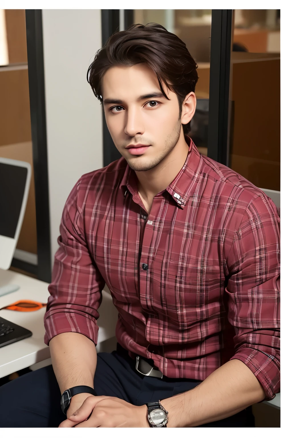 Bust of a young man 35 year old red plaid shirt and entrepreneur sitting behind a very close office and made with a rolex on the wrist and a square jaw with a little badly shaved in front of a window with a view of very chic Dubai buldings