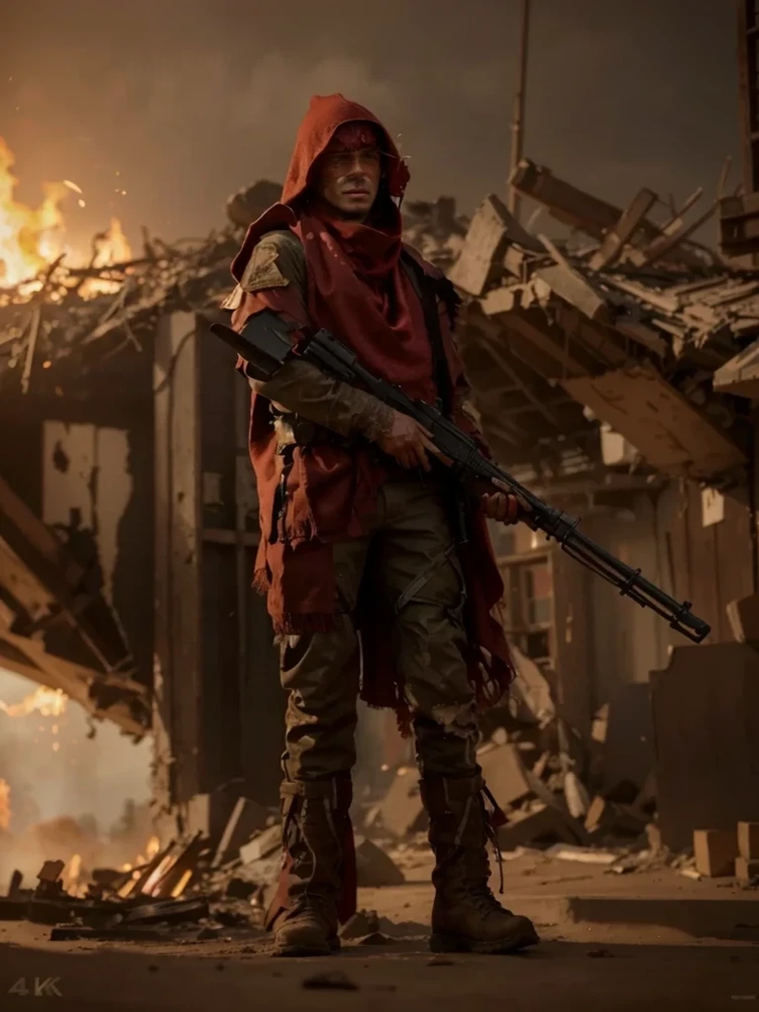 male soldier, European face, has a red cloth covering his head, and a red scarf covers his face, has a red cloth poncho, wears torn and dirty clothes, military boots, holds a sniper rifle, he is in a totally destroyed post apocalyptic city, full of smoke and fire, image in reddish tones, 4k, ultra detailed image, realistic, very detailed, perfect composition, splendid, intricately detailed, incredibly detailed, art photography 8k, hyper detailed, Masterpiece, ultra detailed, hyper realistic, 4k, ultra detailed image, realistic, highly detailed, perfect composition, splendid, intricately detailed, incredibly detailed, Artistic photography in 8k, hyper detailed