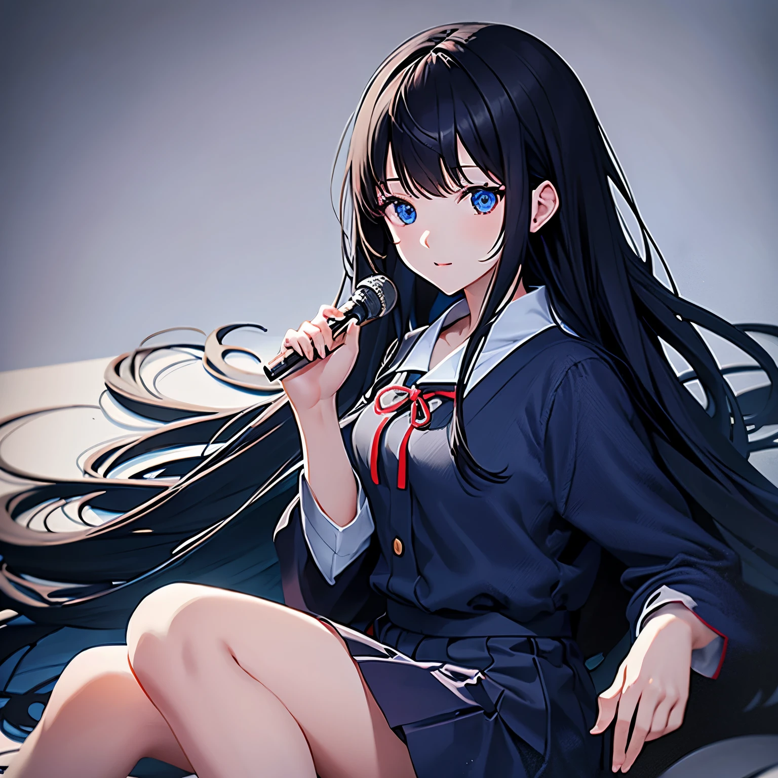Girl with long black hair, blue eyes, wearing a Japanese school uniform, messy anime style. High quality