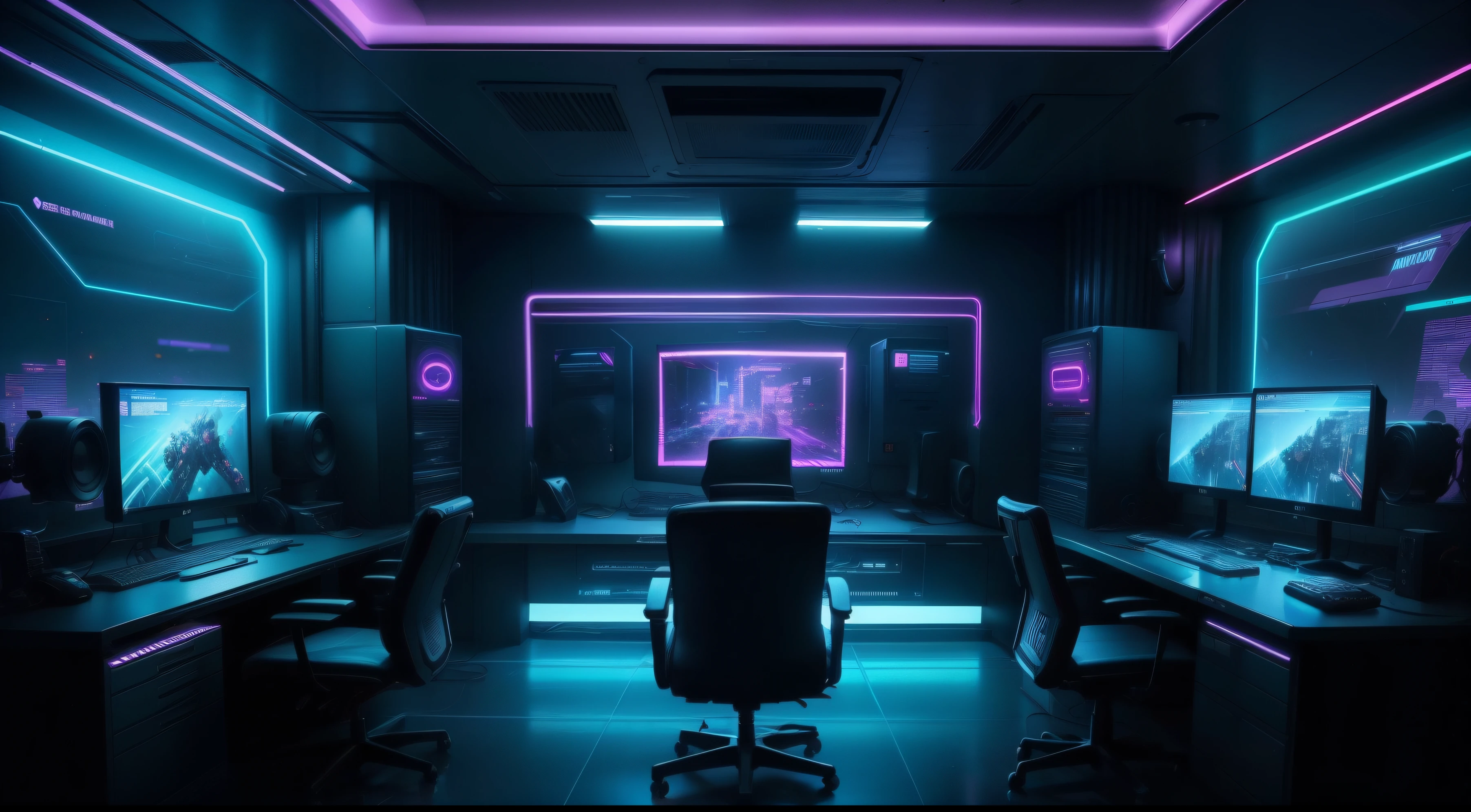 a dimly lit computer lab with many monitors and a keyboard, entorno ciberpunk, Cyberpunk Setting, cyber neon lighting, ciberespacio, cyberpunk with neon lights, cyber neon lights, in a cyberpunk themed room, ciberpunk interior, Pantalla de jugador sobre mesa de metal, cybernetic aesthetic, Cyber style, science fiction computer, cyber background, cyber facility, consola y computadora