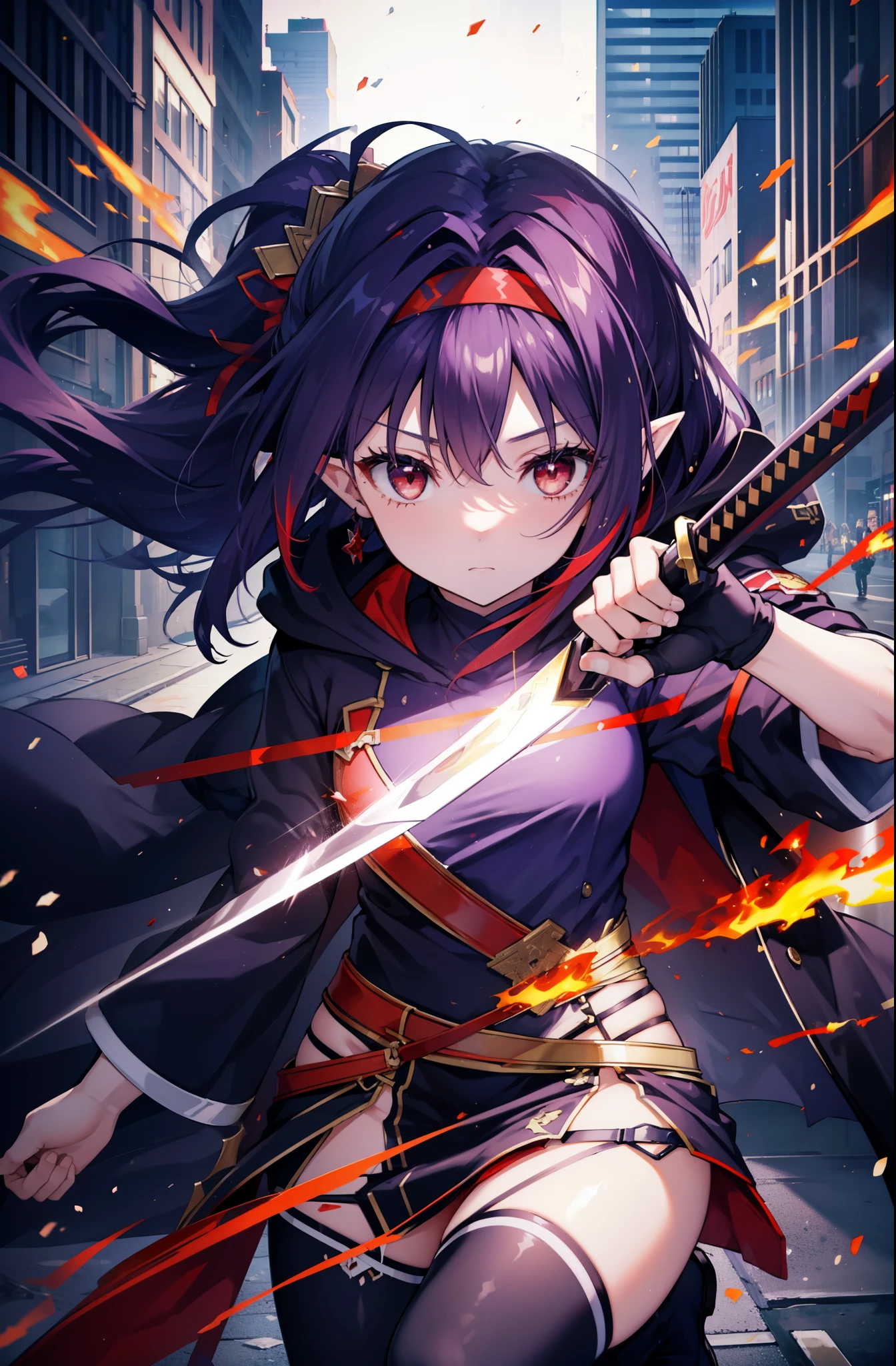 yuukikonno, Yuki Konno, hair band, long hair, pointy ears, purple hair, (red eyes:1.5), (small breasts:1.2), Severe,close your mouth,Trying to pull out a Japanese sword from its sheath,purple oversized hoodie　hooded,action pose,IncrsUnsheathingAKatanaMeme, sheath, holding sheath, short denim pants,black knee high socks,short boots,rubble,Explosive flame,become obsolete,
break looking at viewer, Upper body, whole body,
break outdoors, city,building street,,
break (masterpiece:1.2), highest quality, High resolution, unity 8k wallpaper, (shape:0.8), (fine and beautiful eyes:1.6), highly detailed face, perfect lighting, Very detailed CG, (perfect hands, perfect anatomy),