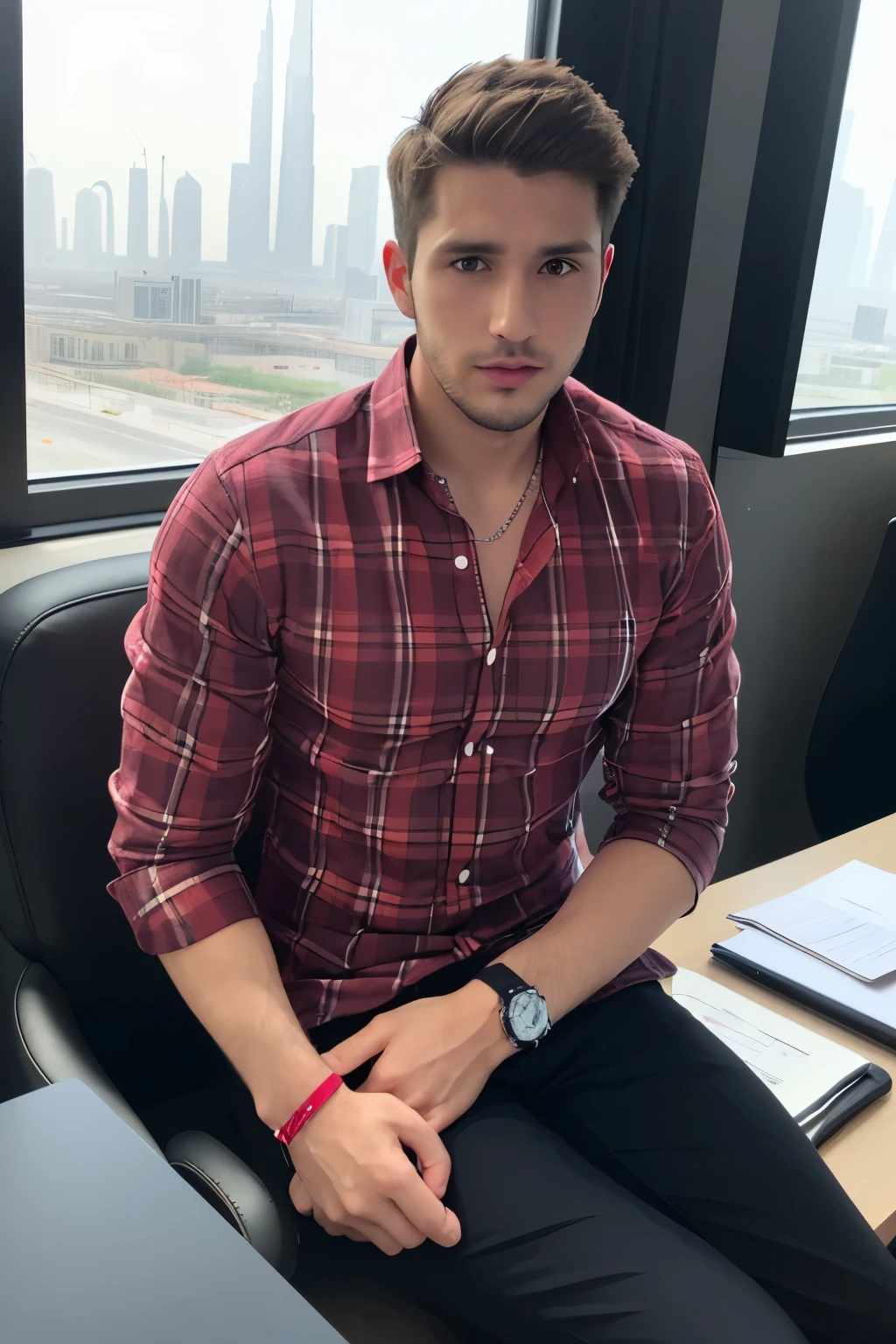 Bust of a young man 35 year old red plaid shirt and entrepreneur sitting behind a very close office and made with a rolex on the wrist and a square jaw with a little badly shaved in front of a window with a view of very chic Dubai buldings