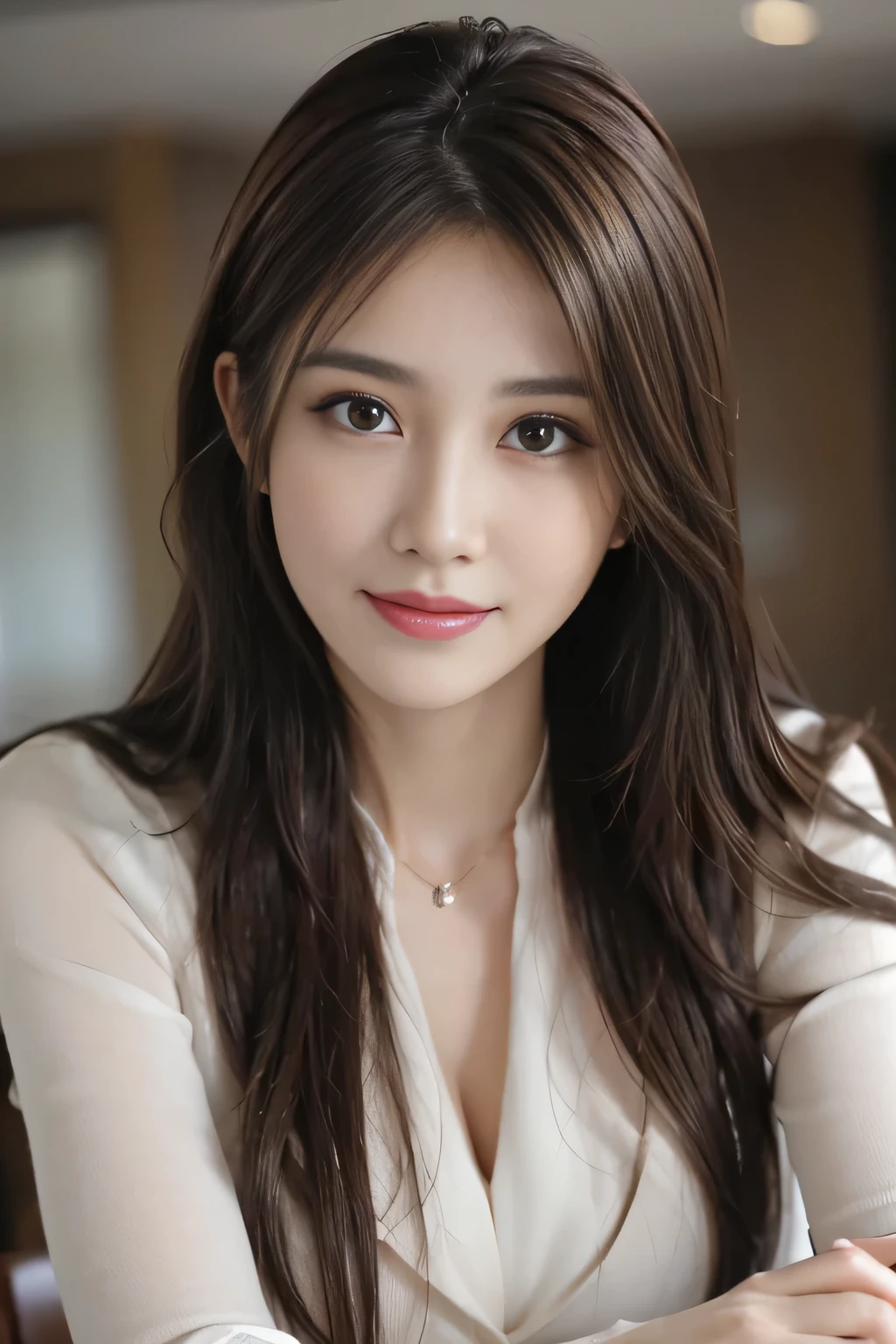 table top, highest quality, realistic, Super detailed, finely, High resolution, 8k wallpaper, 1 beautiful woman,, light brown messy hair, wearing a business suit, sharp focus, perfect dynamic composition, beautiful and detailed eyes, thin hair, Detailed realistic skin texture, smile, close-up portrait, model body shape