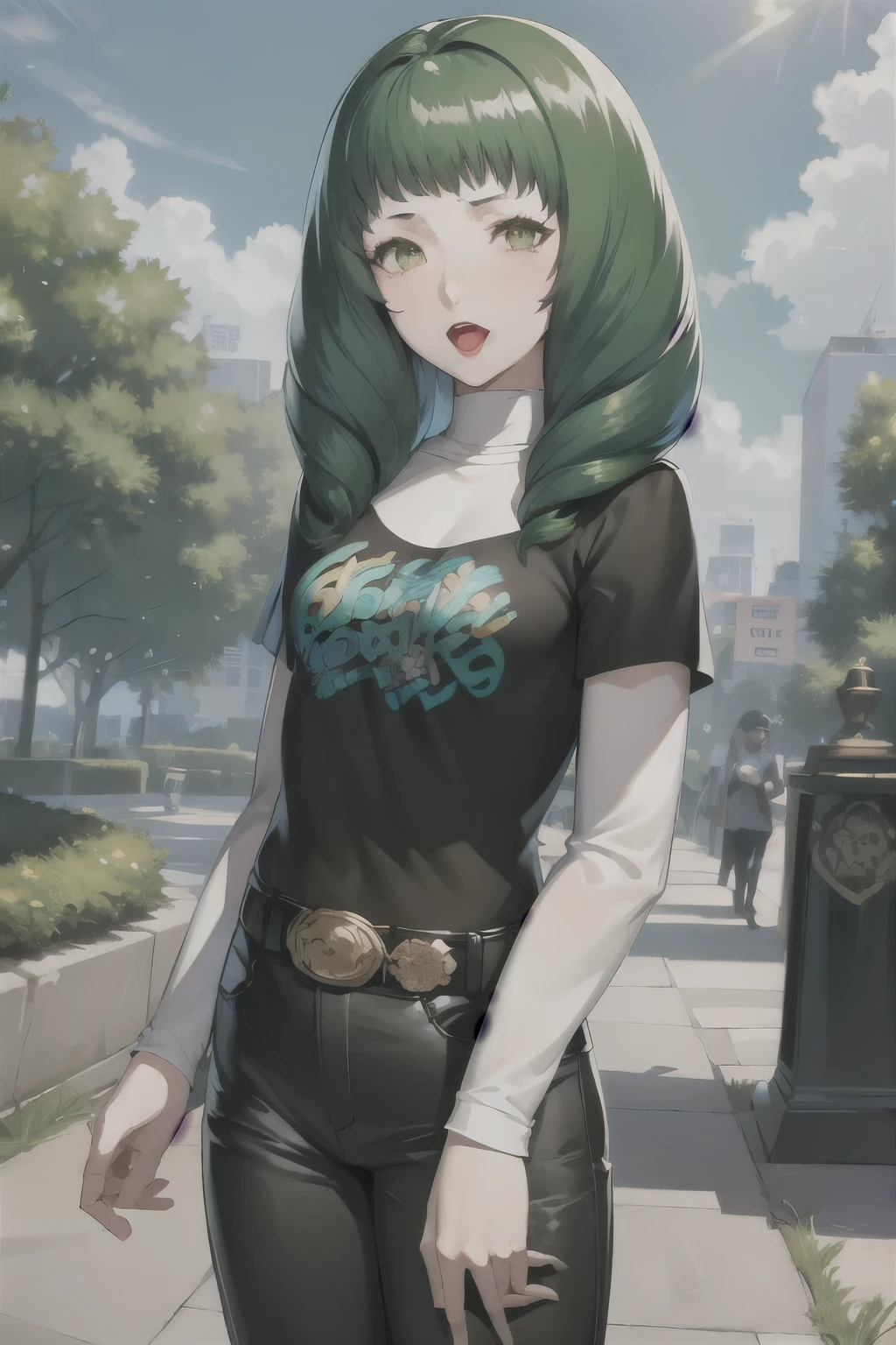 masterpiece, best quality, flayn, hair ornaments, 1girl, solo, standing, black t-shirt, white shirt, jeans, belt, lipstick, eyewear on head,