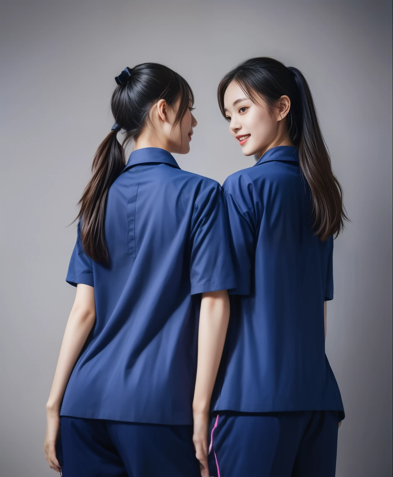 (best quality,10,10,height,Masterpiece:1.2),Special details,(realistic,ภาพrealistic,Realistic photos:1.37),1 Cute girl in the kitchen,shiny, ผิวshiny,only,smile softly,BDclothelue shirt:1.3)),short sleeve,shirt, กางเกงขาlong.,(navy_long_track pants:1.1), ((Kitchen Background)),Dynamic angle,excited,Face focus,dynamic poses,from behind,focus on ,Masterpiece, best quality, ultra realistic, Too many details, 8k resolution, raw photos, Sharp focus, ((Navy blue shirt:1.1)), short sleeve, เส้นทางlong, perfect body, 2 matmen, 18 years old, Cinema-grade lighting system,blue sweatpants,shirtผ้าออกกำลังกาย,correct anatomy,perfect body, correct body, Sharp face, correct bodyทางกายวิภาค, full body, realistic gestures, long-haired, realistic poses,Wear long shorts...........................,ช่วงขาlong,Good shape,carved girl, Slender figure, model, Good shape, beautiful body,blue sweatpants, two girls kissing