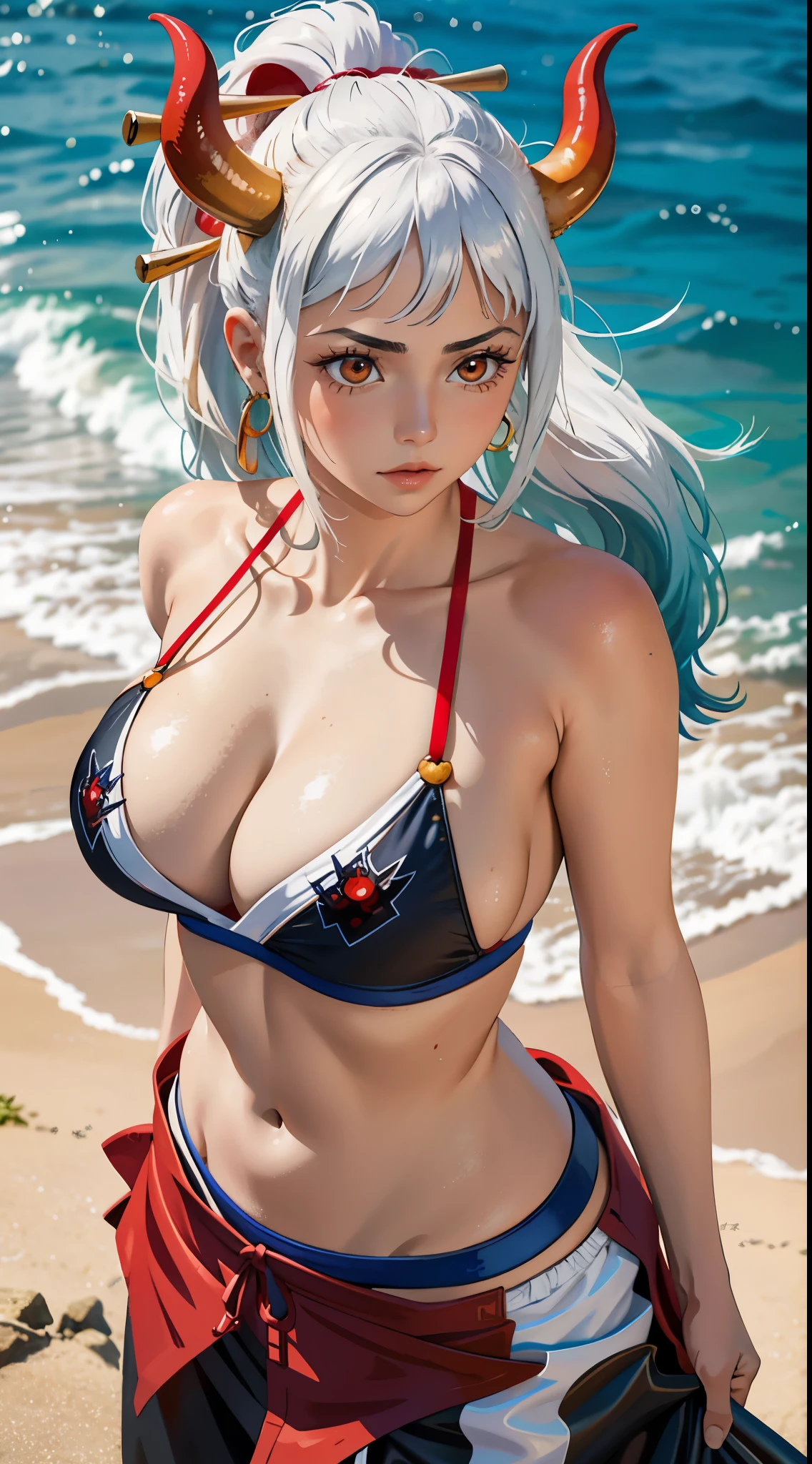 Masterpiece, Best quality, 1womanl, A high resolution,  Beautiful girl ,  yamatowanpi，Large breasts，cleavage，looks into camera，Bust photo，Raised sexy，Be red in the face，Sea background