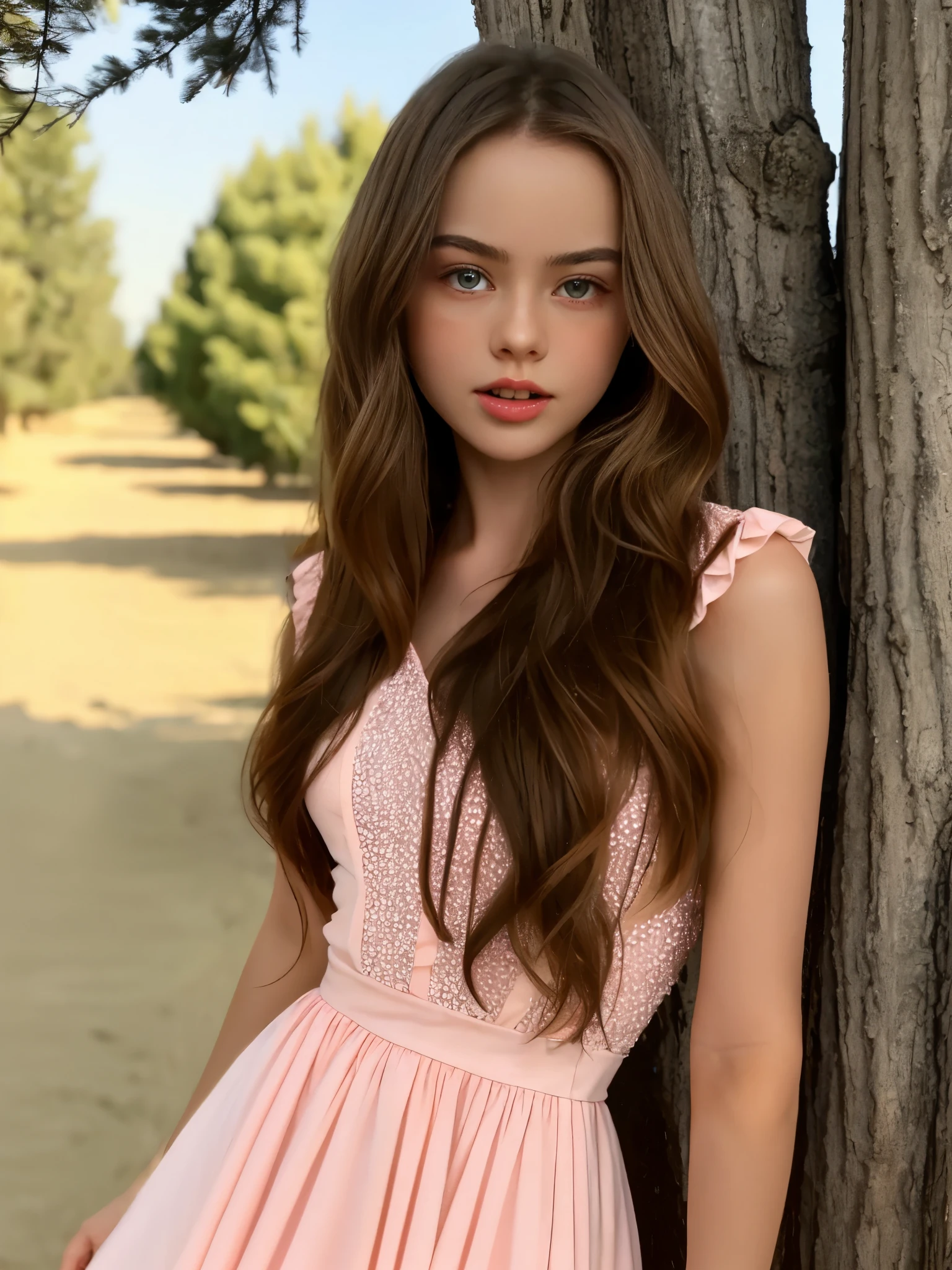 kristina pimenova in a pink dress standing in front of a tree, Beautiful young model with straw blonde hair, Beautiful model,  female model, Beautiful female Samara weaving, Very pretty model, Gorgeous beautiful, Bright pink face, Gorgeous attractive face, Beautifully stunning , by Jorge Velarde, She has long orange-brown hair, she is about 16 years olimenova, KristinaP, teenage girl, sweet girl, sweet woman, Russian friend, instagram model, showing long tounge, wearing dark-red tight slim dress, big breast