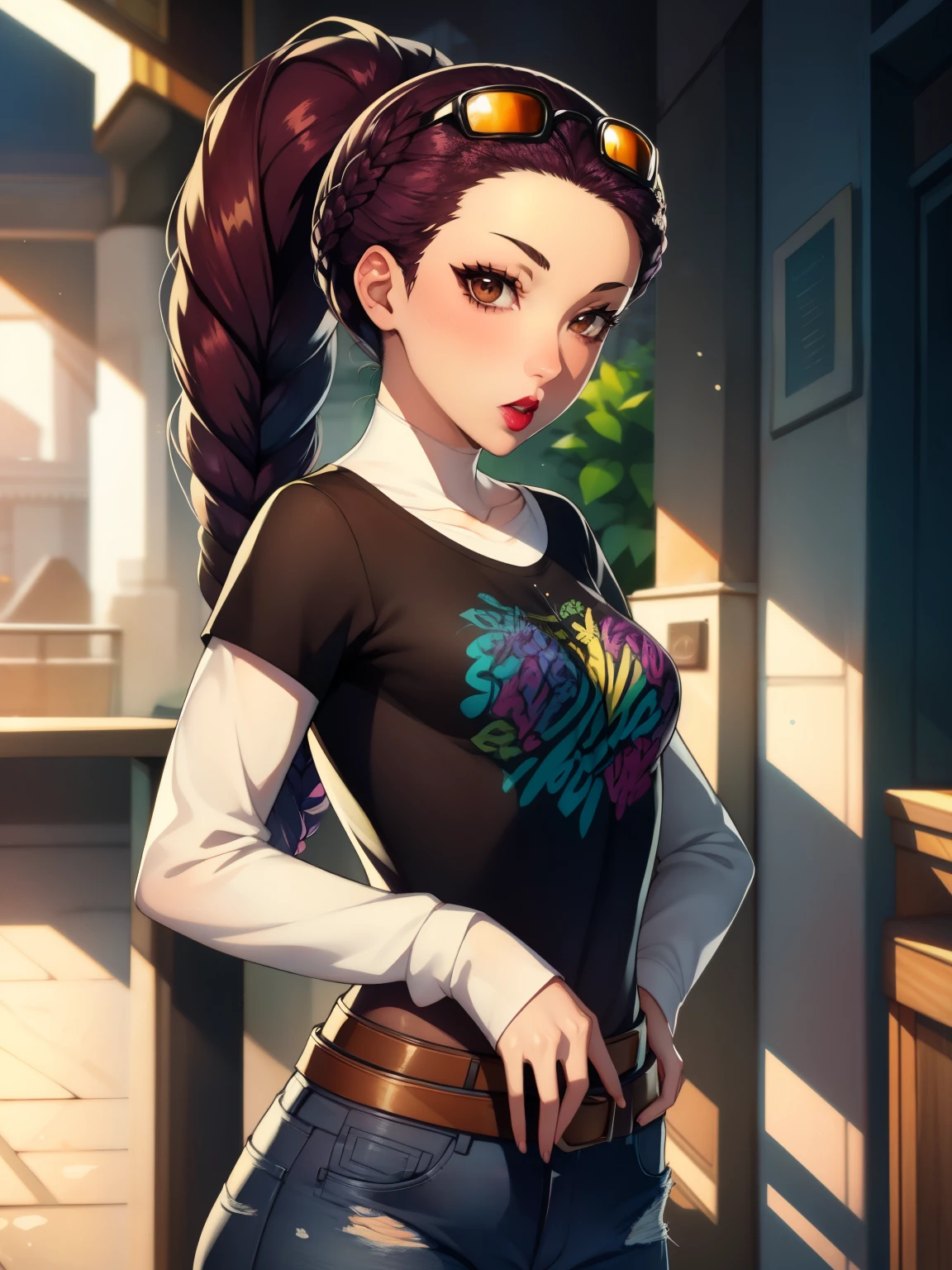 Petra, braided ponytail, brown eyes, glossy lips ,1girl, solo, standing, black t-shirt, white shirt, jeans, belt, lipstick, eyewear on head, Burgundy hair,