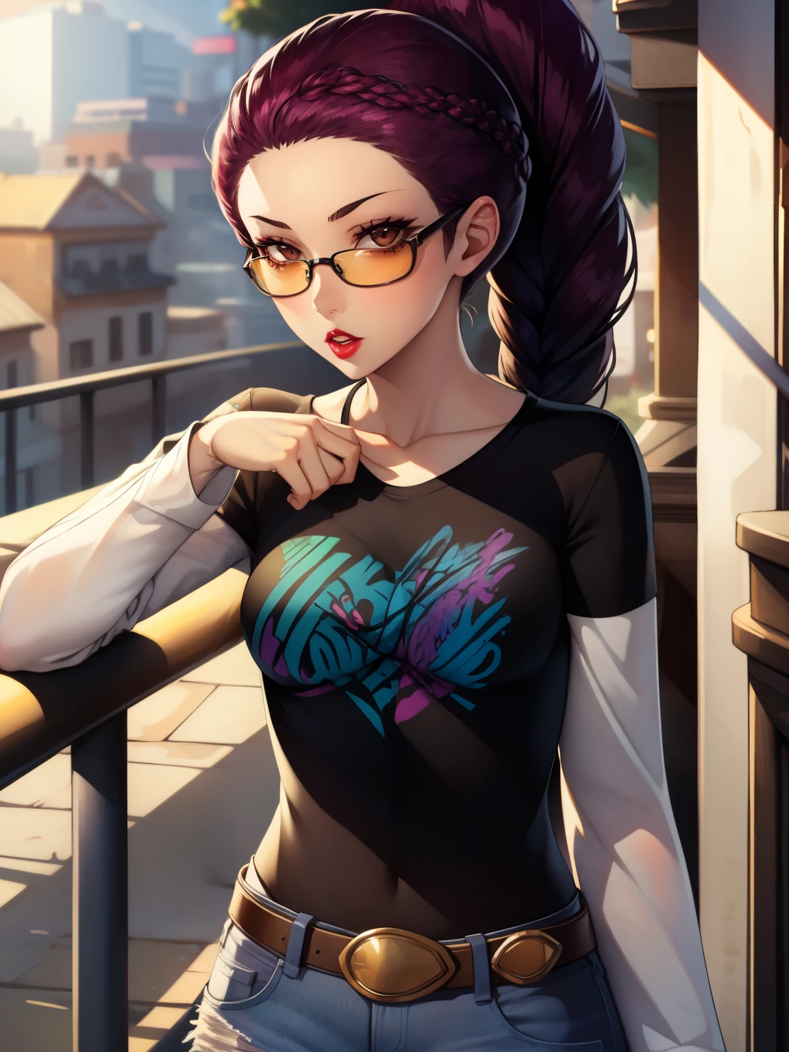 Petra, braided ponytail, brown eyes, glossy lips ,1girl, solo, standing, black t-shirt, white shirt, jeans, belt, lipstick, eyewear on head, Burgundy hair,