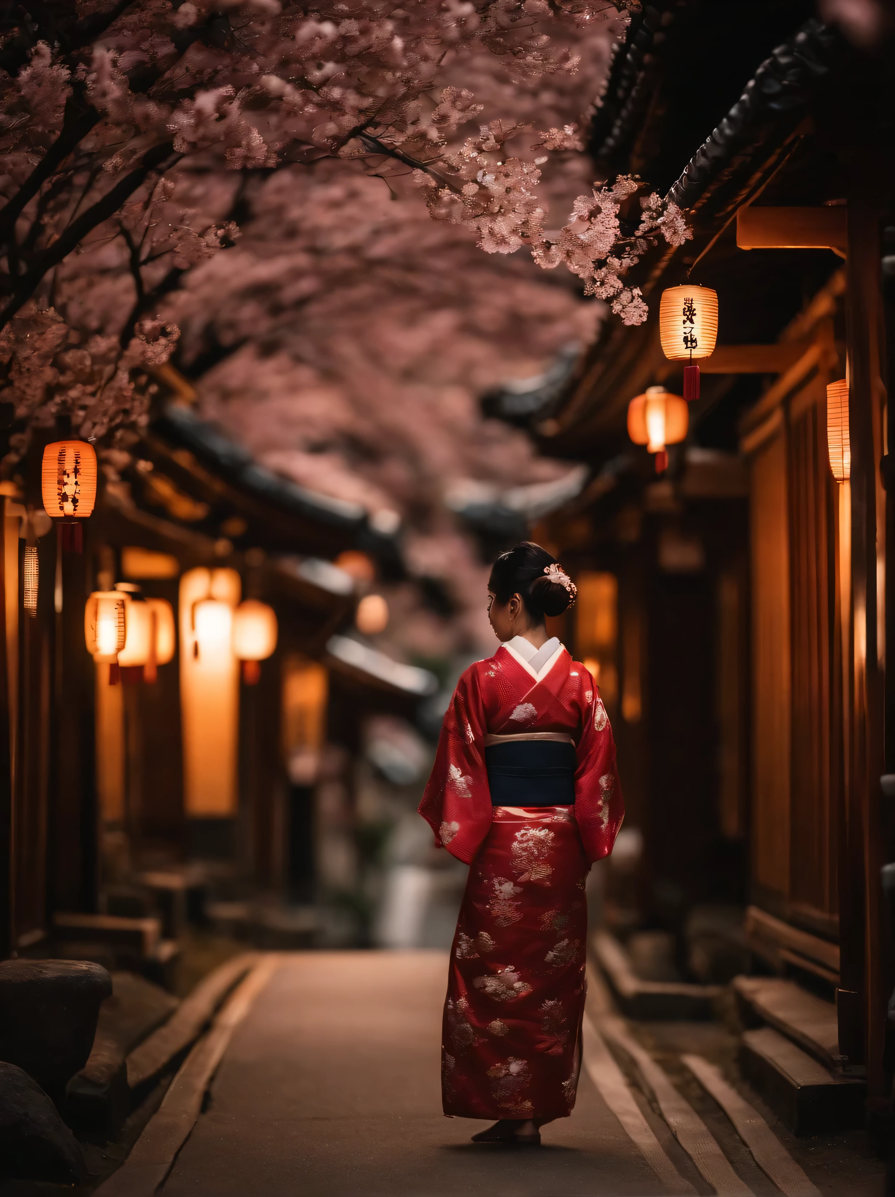 On the streets of Kyoto during the shogunate era，It is full of cherry blossoms，Next to the Japanese houses on the street，There is a Japanese girl，wearing kimono，Light from the side at night，warm tones，There are many lanterns hanging on the house