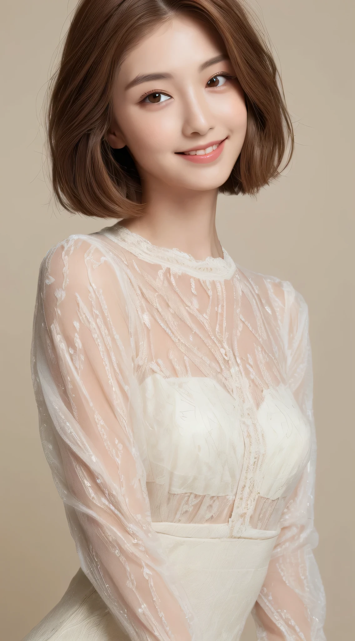 ((highest quality, 8k, masterpiece: 1.3)), 1 girl, The beauty of slim abs: 1.3, (Hairstyle brown hair short cut, big: 1.2), dress: 1.1, super slender face, delicate eyes, double eyelid, smile, Home, RAW photo