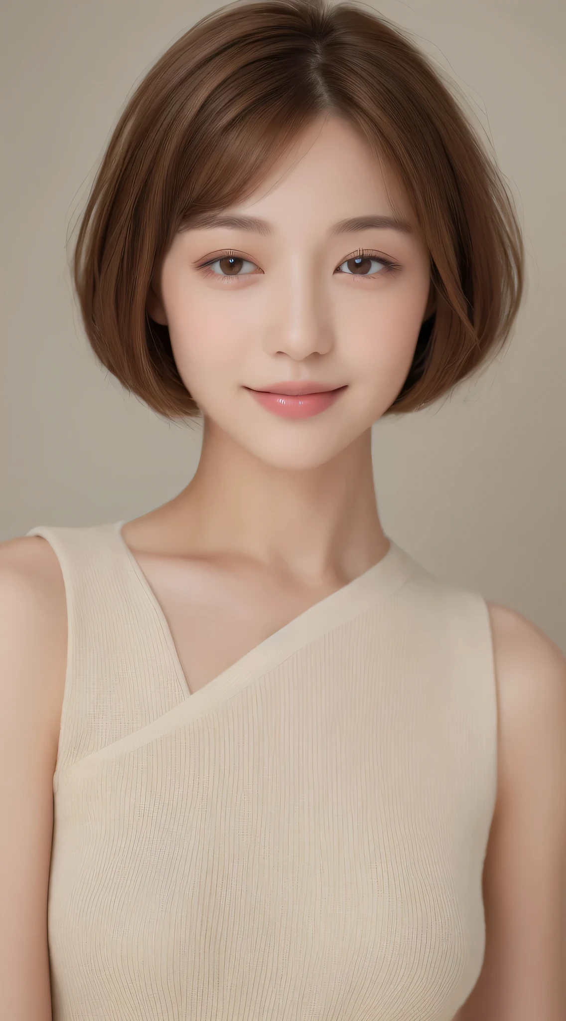 ((highest quality, 8k, masterpiece: 1.3)), 1 girl, The beauty of slim abs: 1.3, (Hairstyle brown hair short cut, big: 1.2), dress: 1.1, super slender face, delicate eyes, double eyelid, smile, Home, RAW photo