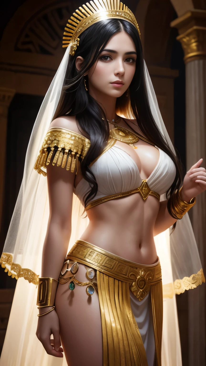 (Beautiful 25 year old Greek female maiden), (long black hair), (white skin), (Detailed sweaty appearance), (serious face), (Wearing a Greek maiden costume with golden jewels and green exposure), View from the front, waist up shot, dynamic pose, environmental lighting, photorealism, intricate facial details, intricate hand details, very detailed, Bright colors, Photos taken with Sony α7RIV, Use Sony 16-35mm f/4 lenses, cinematic, High resolution, Trending on Artstation - Style Raw