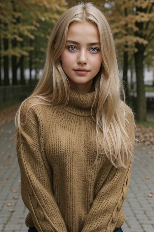 1girl 13 years old, nur, Lange Haare, Large , Blick auf den Betrachter, blondes Haar, nackte Schultern, braune Augen, Schmuck, full whole body, Halskette, schulterfrei, Pullover, Lippen, realistisch, Nase, Flirten mit der Kamera