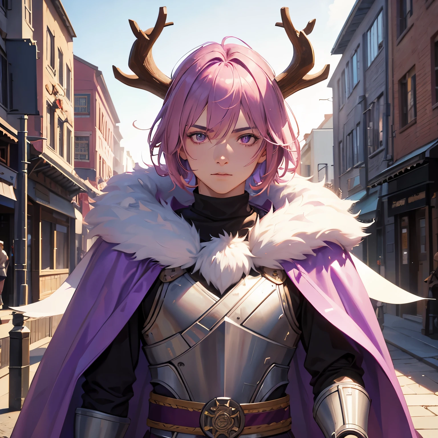 Young Male, Jedi, Purple Cloak, Fur Hood, Deer Antlers, Pink Hair, Short Hair, Purple Eyes, Plate Armor, Handsome, Confident Expression, Fantasy, Vibrant Colors, soft lighting, Cinematic, Background, 4K, HDR, 3D, HD, RTX, Very Detailed, Masterpiece, high quality, 8k genuine