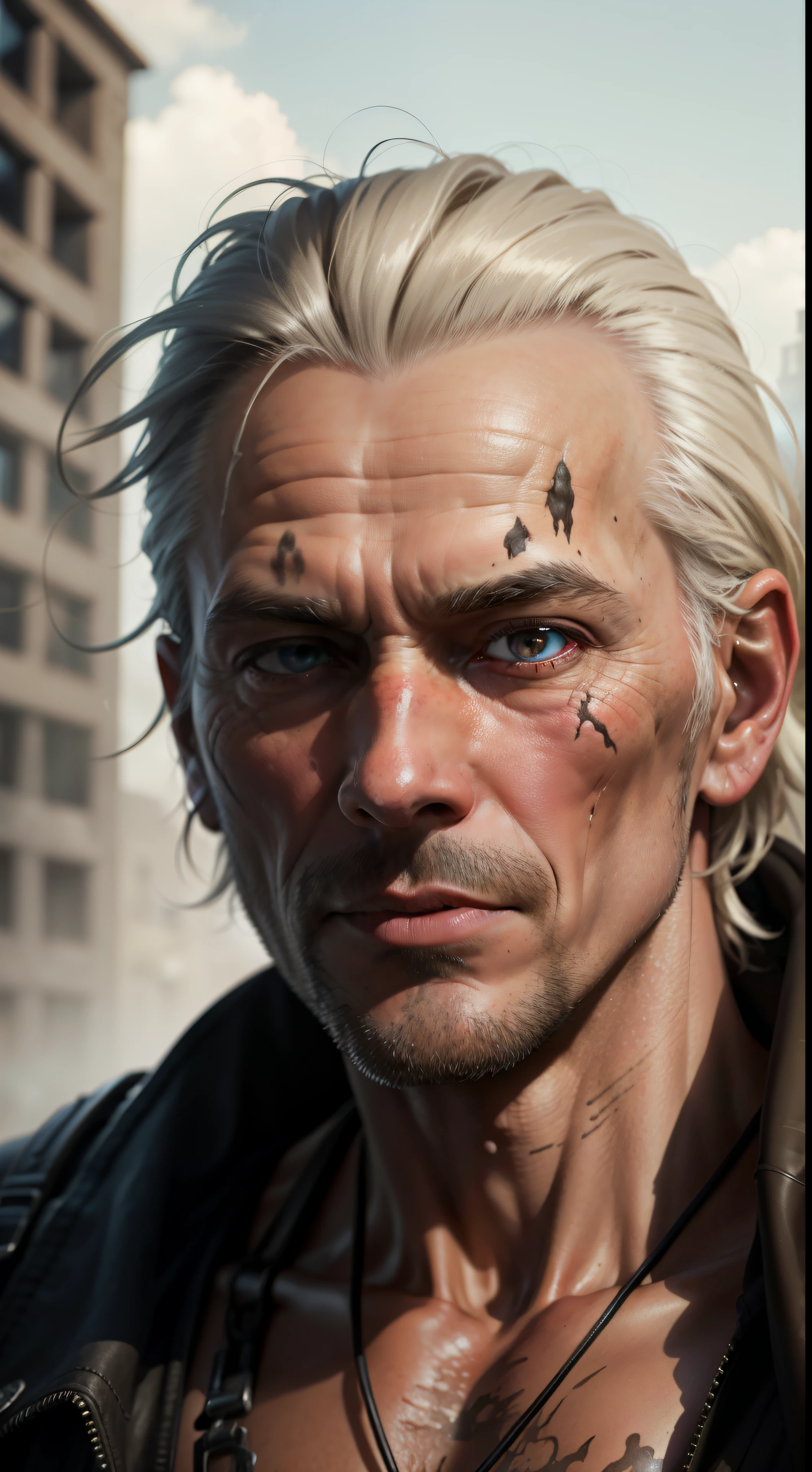 Close-up Portrait of a Brutal 45-Year-Old Wastelanders' Man: Shooting a RAW image with a DSLR, specifically a Fujifilm XT3, captures every intricate detail of the man's weathered face. The 8k UHD high-definition resolution brings out the texture of his long, unkempt hair, providing a clear contrast against his pale, gaunt skin. The city ruins background is obscured by the soft lighting, creating an evocative atmosphere. Each pore on his weathered skin is visible (high detailed skin: 1.2), revealing the signs of a life lived at the edge. The