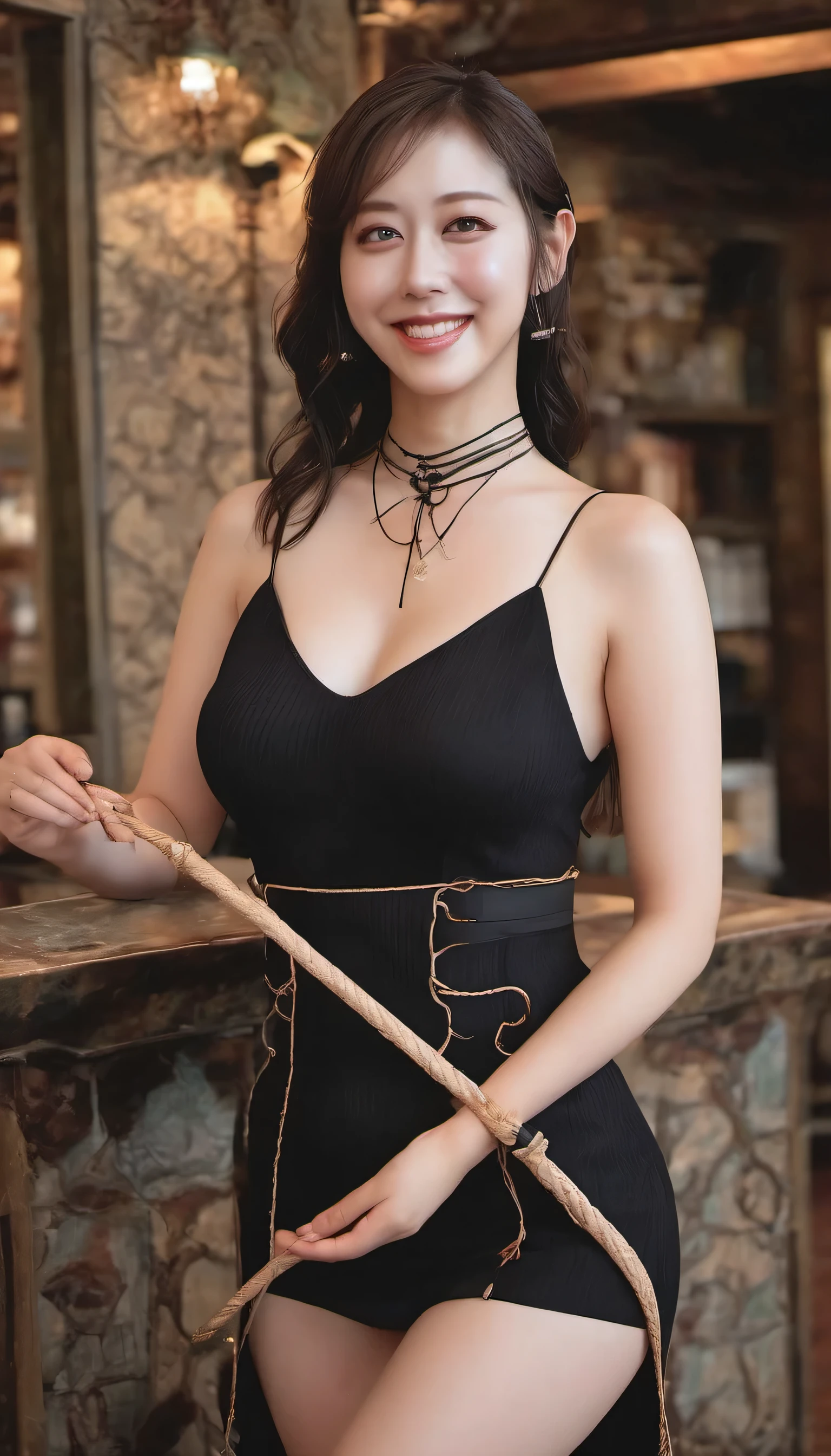 (best image quality, realistic depiction),(My body is slippery with lotion,sweaty body),choker,full nude,(Mistress in black bondage stands with riding whip in hand。),big breasts,((best character depiction,beautiful nude body))