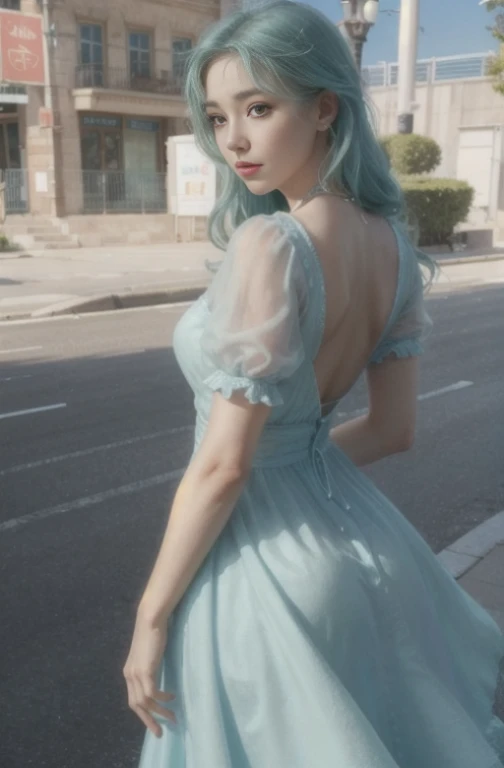 Light blue dress를 입고 보도를 걷고 있는 여자, light Green dress, wearing in a summer dress, simple dress, summer dress, woman in dress, Green dress, puff sleeves, Stylish dresses, Girl in a dress, Light blue dress, Young woman in a dress, Light blue dress 초상화, wearing a flowing dress, sea - green and white clothes,( background_City night view behind my back,street light)