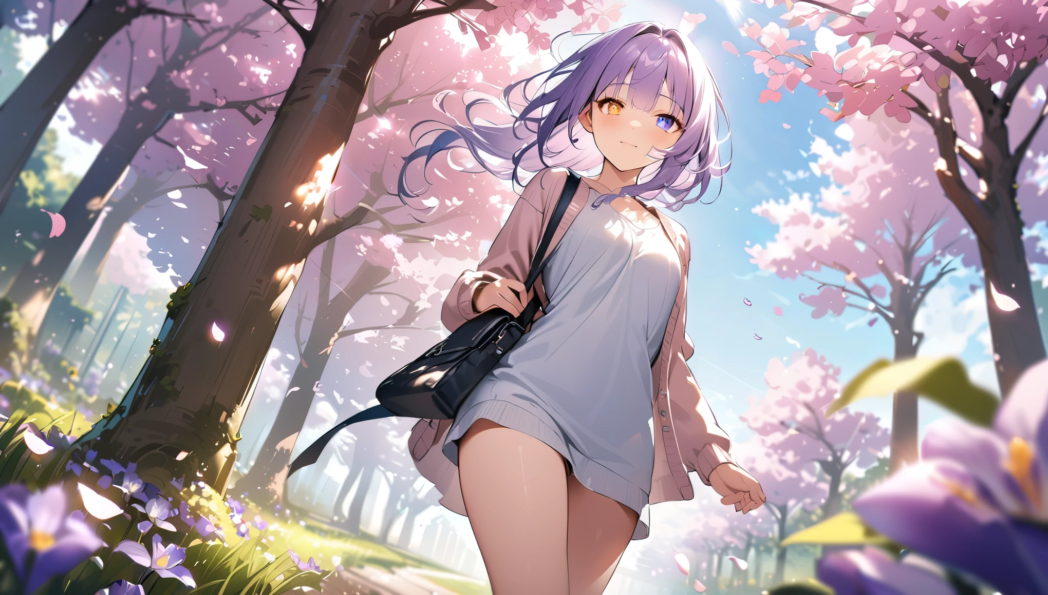 1 girl、highest quality、photorealistic、super detail、delicate、orderly、high detail、bluish silver ponytail、(droopy iris of heterochromia:1.4)、(glowing eyes:1.2)、、17 years old、shy smile、slender、cowboy shot、blurred background、dynamic angle、I can see the girl through the cherry blossoms、one piece、cardigan、A girl walking along a row of cherry blossom trees、warm spring sunshine、petals dancing in the wind、