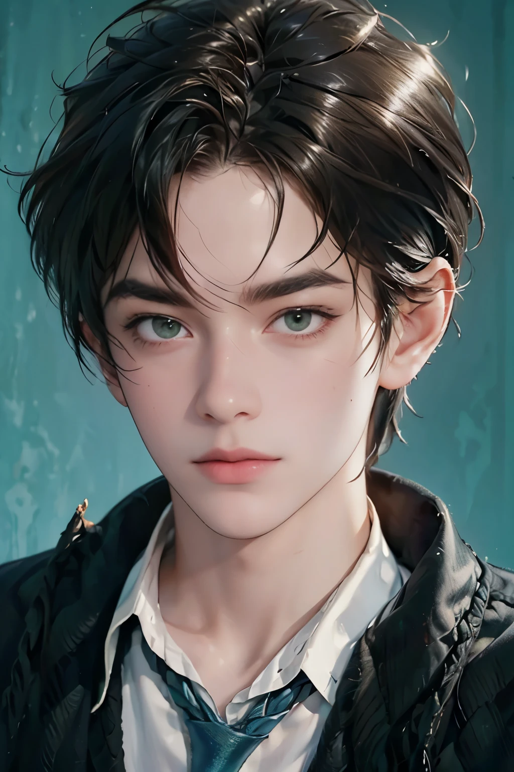 (Masterpiece: 1.3), (Best quality: 1.2), 8K, Absurd, (extremely detailed: 1.3), highest resolution, (1 boy: 1.2), portrait,
, shirt, dirty black hair, green eyes (very detailed), pale glowing skin