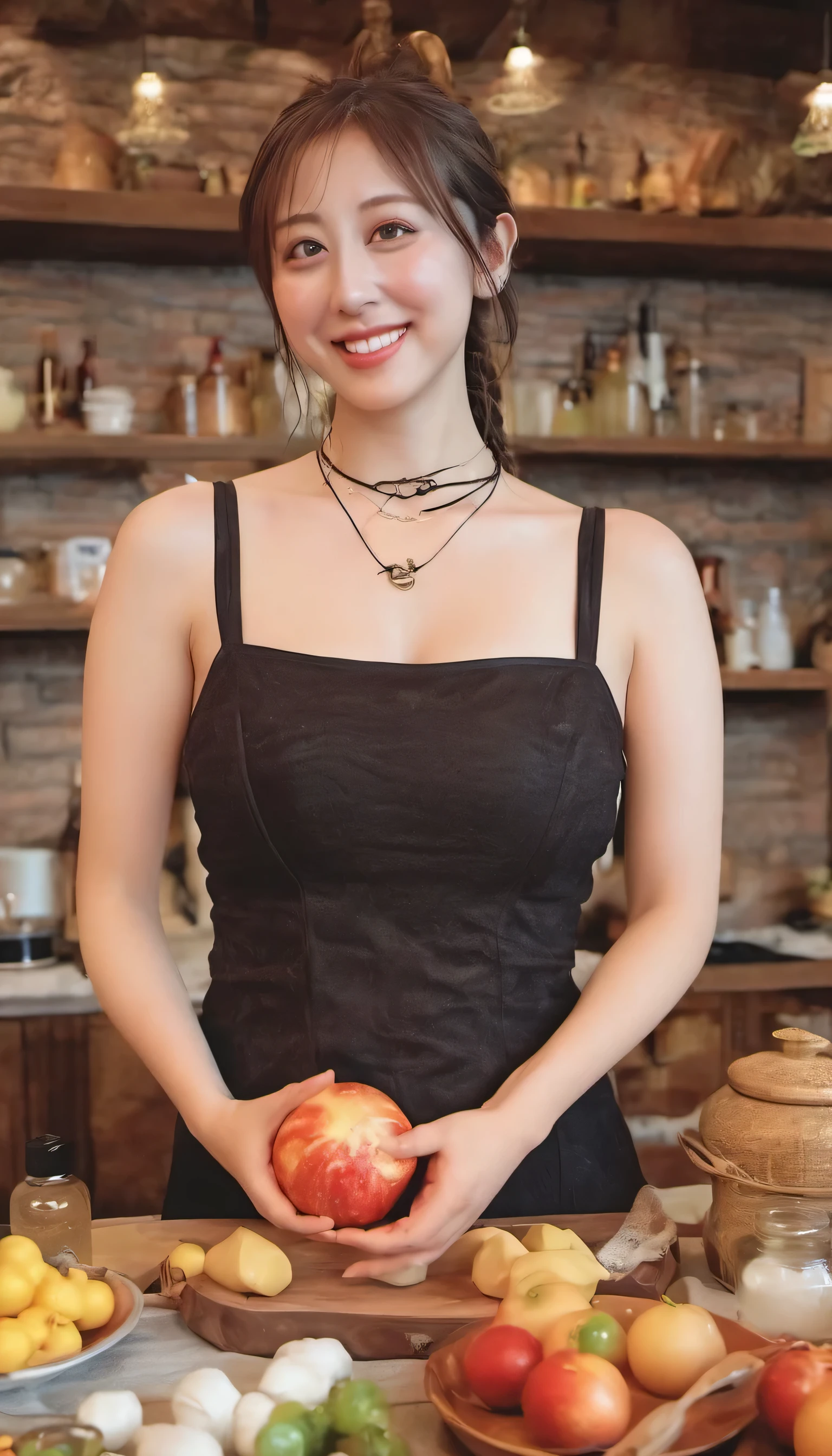 (best image quality, realistic depiction),(My body is slippery with lotion,sweaty body),choker,full nude,(Beautiful nude woman imitating the birth of Venus.),big breasts,((best character depiction,beautiful nude body)),A bewitching woman cooking in a naked apron