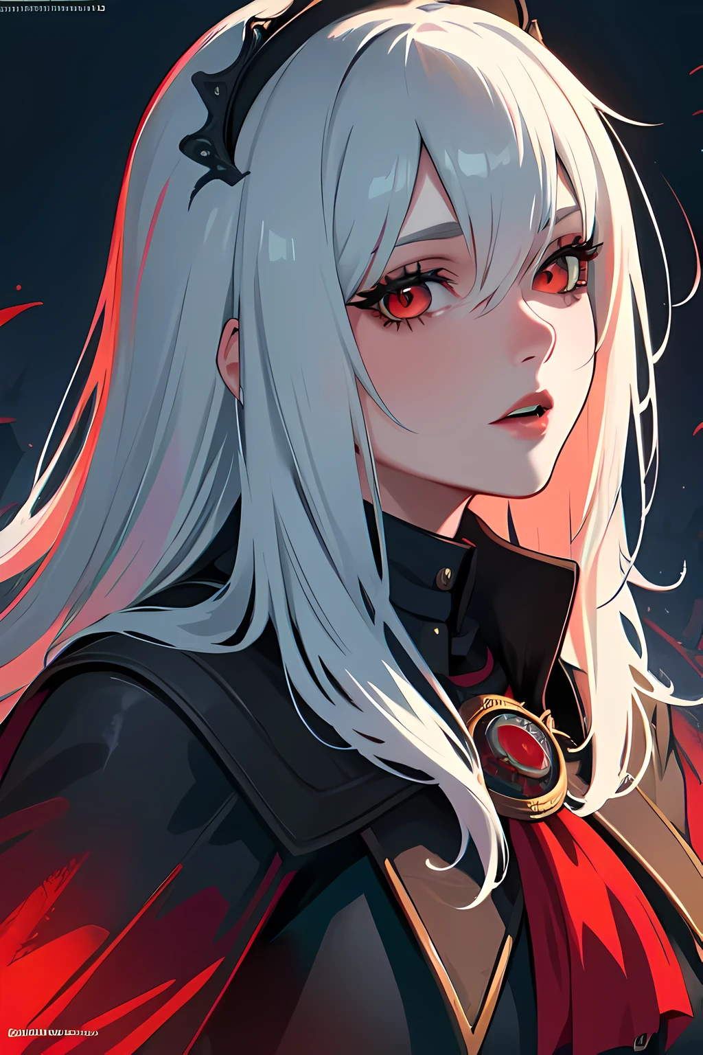 highres, ultra detailed, ultra detailed background, extremly detailed, ultra detailed face, ulta detailed red eyes, masterpiece, best quality:1.3, top quality, official art, 1girl, lady maria, portrait, dark night, gothic cathedral, rain, close-up, dark background, red eyes, extremely dark, rim_lighting:1.3