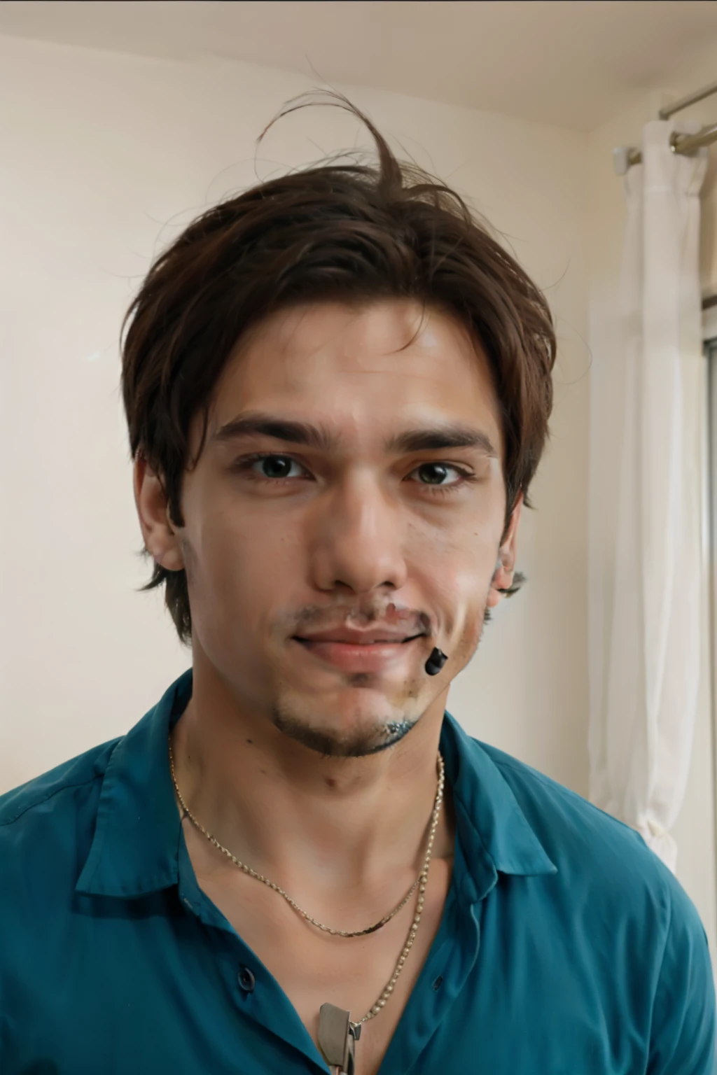 Garoto, cabelo cacheado, olhos cinza