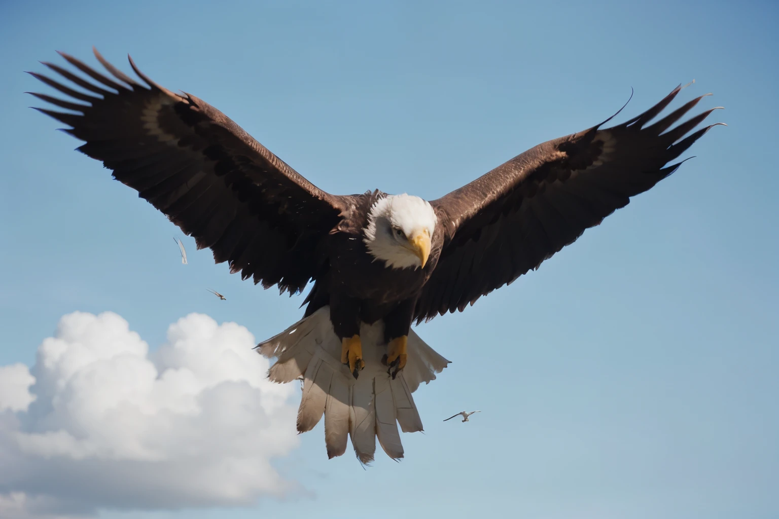 eagle flying over a clear blue sky, film grain, 35mm, estilo fofo