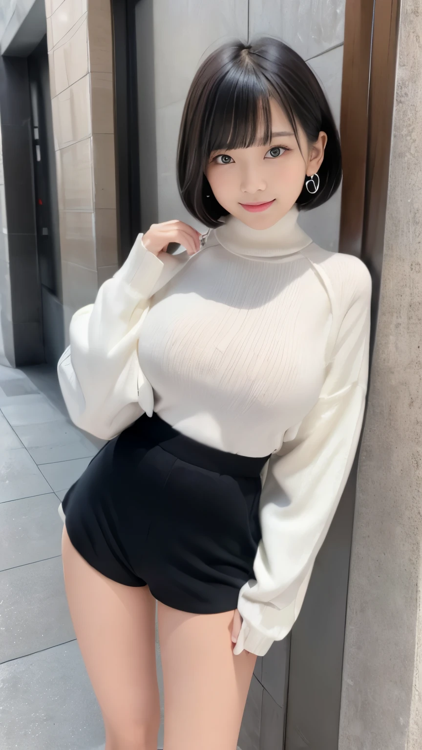 Masterpiece, Best-quality, RAW-photo, Ultra-High-Resolution, Photorealistic, bust up shot,
(Anatomically correct, -yeld, phgrapher's lover, She truly loves photographer, baby face,e, Perfect body, slim waist and busty body, Slender legs, Large breast, Realistic skin),
((teat, Wear White long-sleeved high neck knit, short pants, sneakers:1.3)),
(maiko, Round face, Black hair, Moist eyes, Shining eyes, Short bob cut, Bangs, Down-slating eyebrows, one little earring, Light blush),
(See photographer, turn the body forward, Pose that emphasizes body and seduces men),
(goddess smile, facial expressions that seduce men),
(city boulevard),
Natural lighting, full length