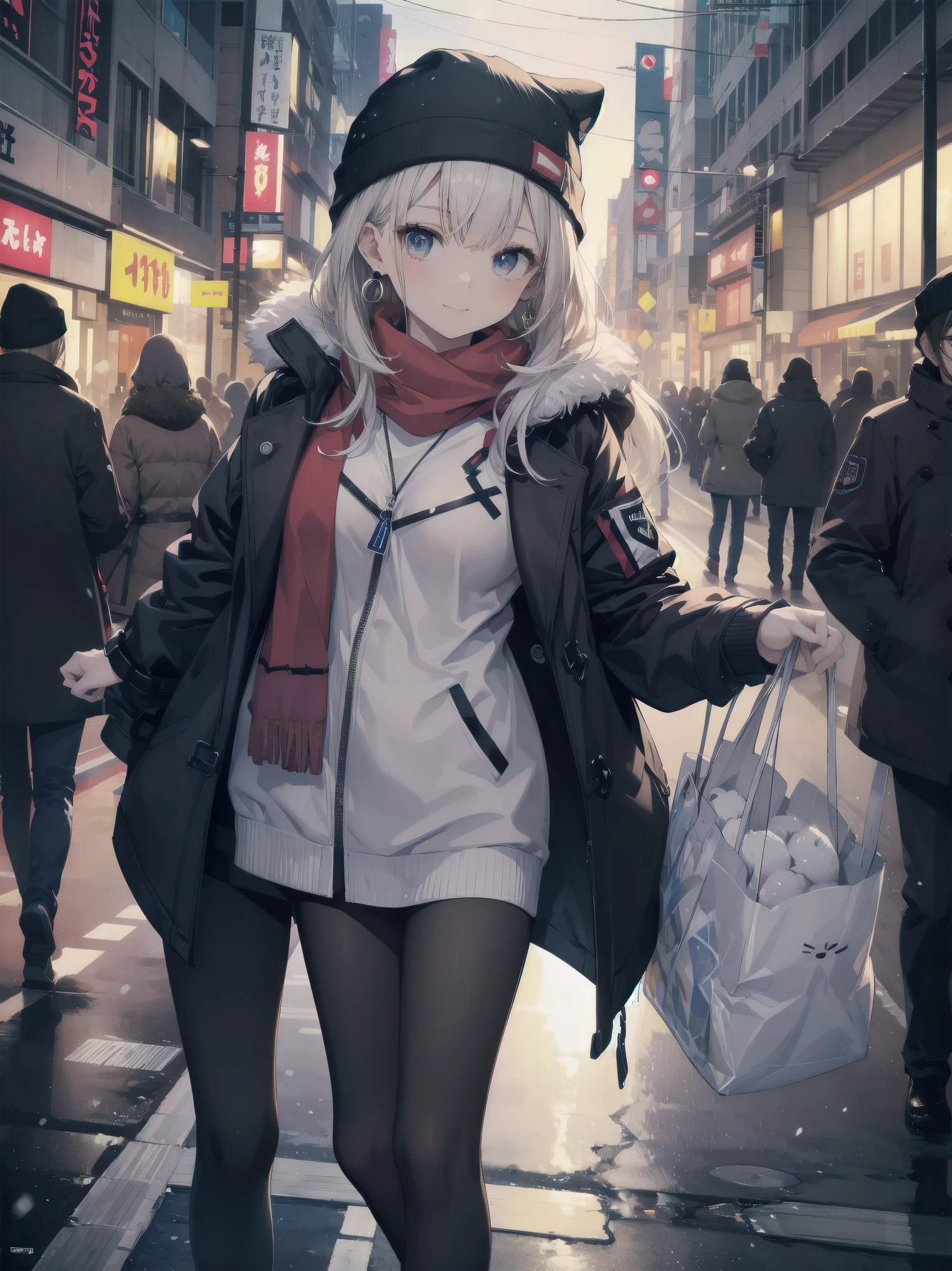 perfect body, perfect breasts, wearing a beanie, wearing a winter jacket, wearing a duffle coat, carrying a bag, wearing a watch, wearing earrings, in public, creatures in Tokyo city, on the street, snow in road, it's snowing, looking at the viewer, a slight smile, realism, masterpiece, textured skin, super detail, high detail, high quality, best quality, 1080p, 16k